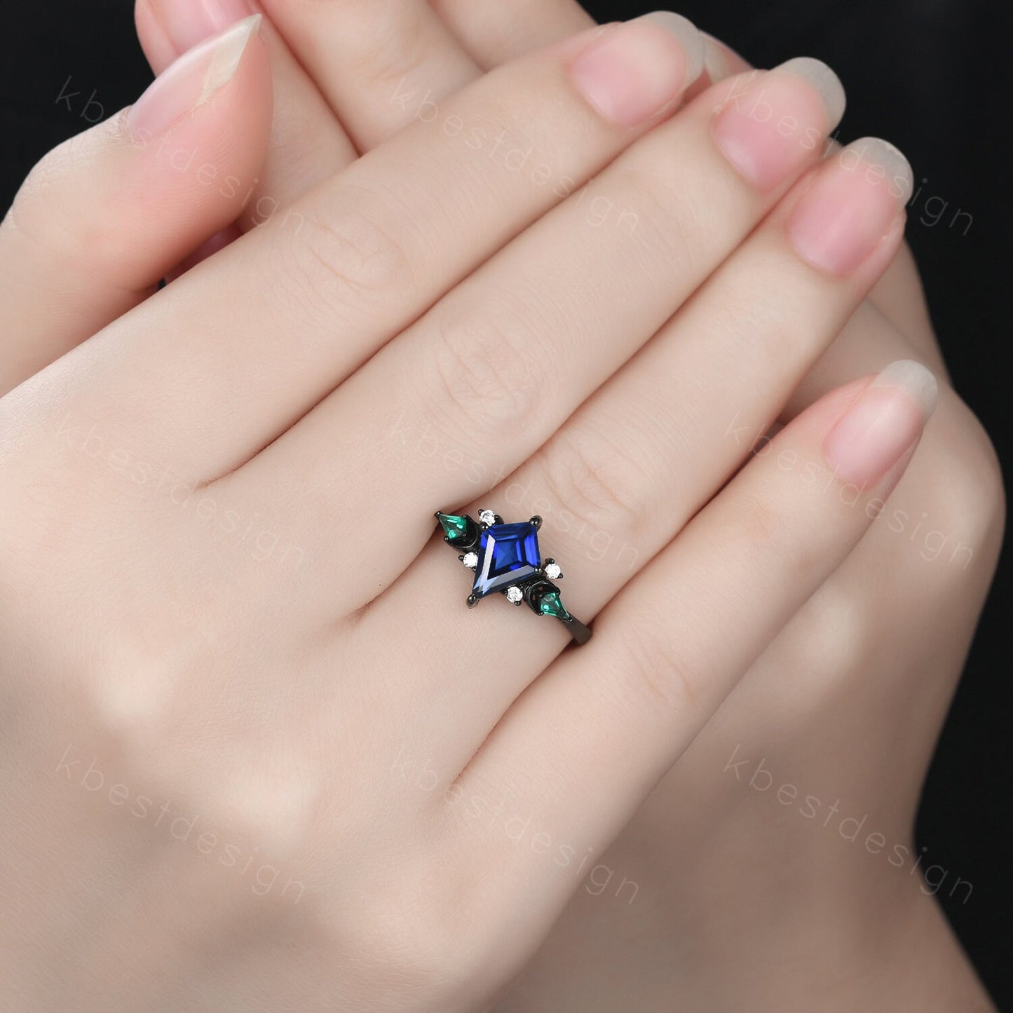 Vintage blue sapphire engagement ring Black gold ring Art deco moon design emerald wedding ring unique cluster bridal promise ring