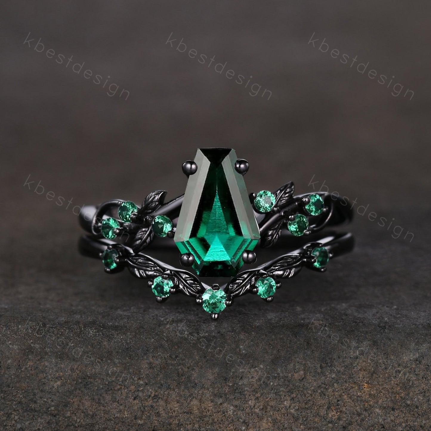 Vintage Coffin cut Emerald Engagement Ring Art Deco Branch Design Leaf Emerald Wedding Ring Rose Gold Ring Unique Bridal Promise Set