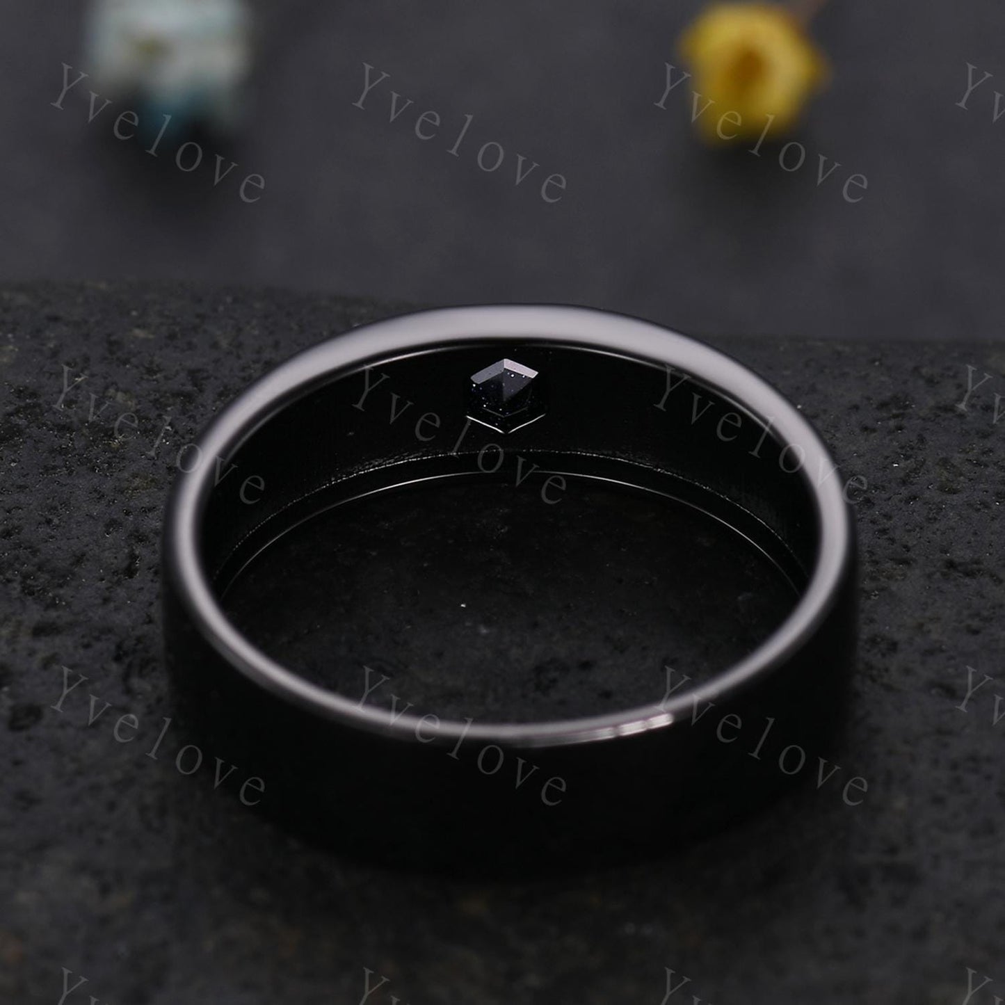 Black Gold Mens Hexagon Blue Sandstone Wedding Band Custom Space Galaxy Engagement Ring Plain Band Mens Stacking Matching Band Promise Ring