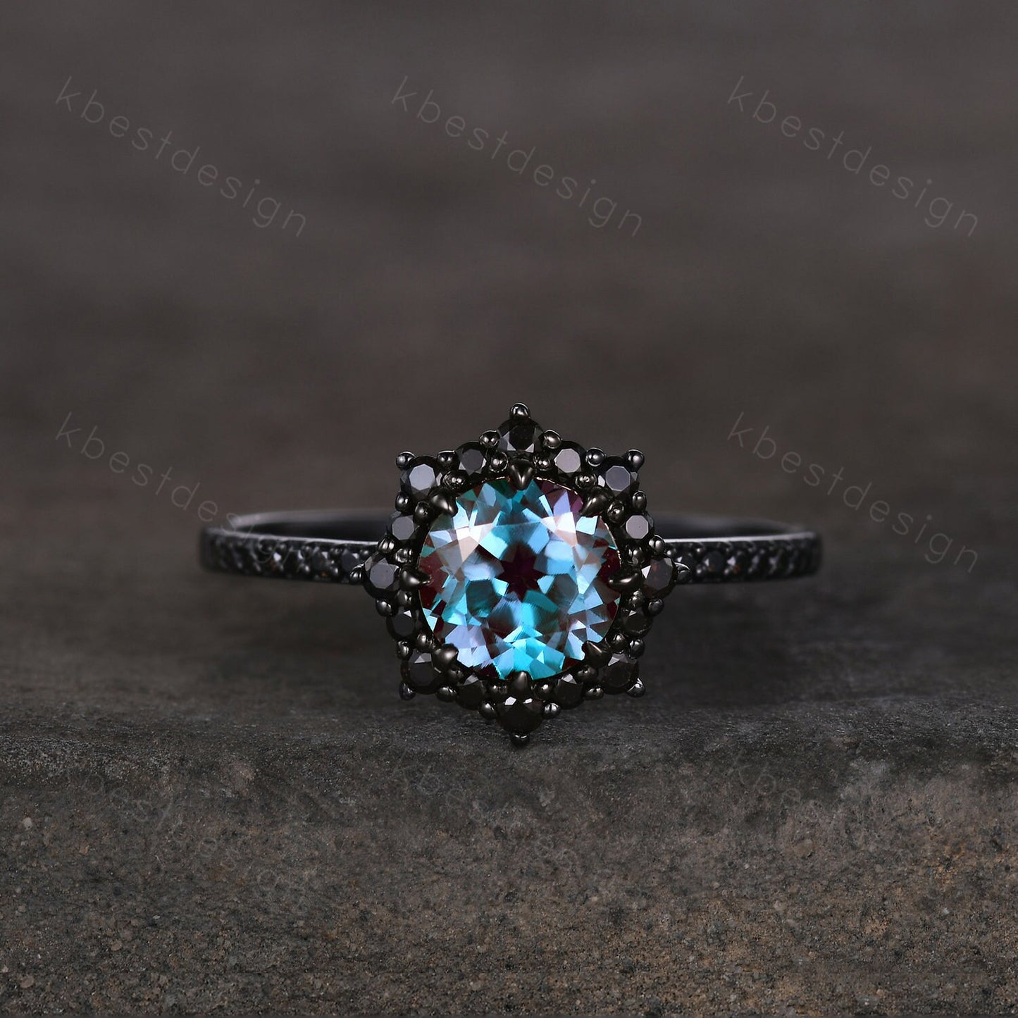 Vintage round cut alexandrite engagement ring black gold art deco black spinel ring unique bridal promise ring for her June birthstone ring