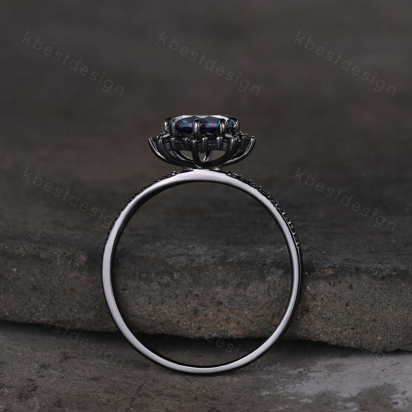 Vintage round cut alexandrite engagement ring black gold art deco black spinel ring unique bridal promise ring for her June birthstone ring