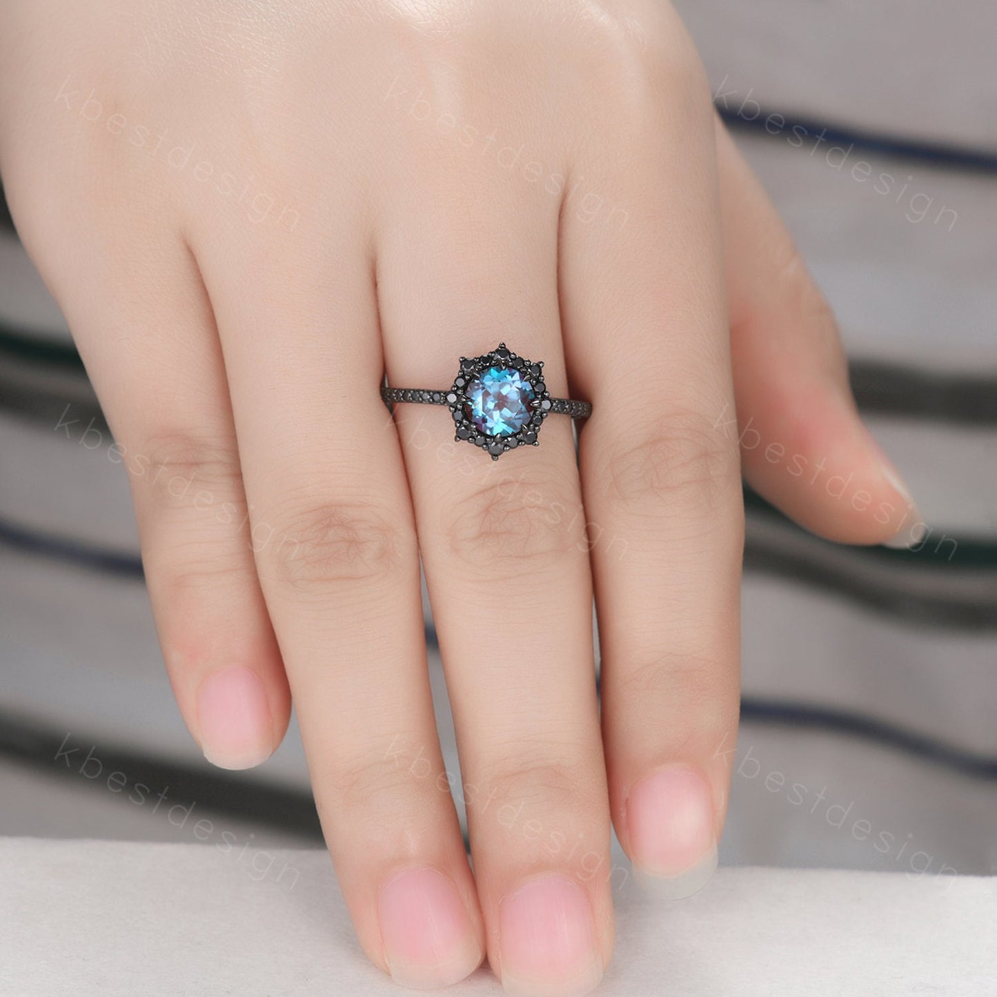 Vintage round cut alexandrite engagement ring black gold art deco black spinel ring unique bridal promise ring for her June birthstone ring