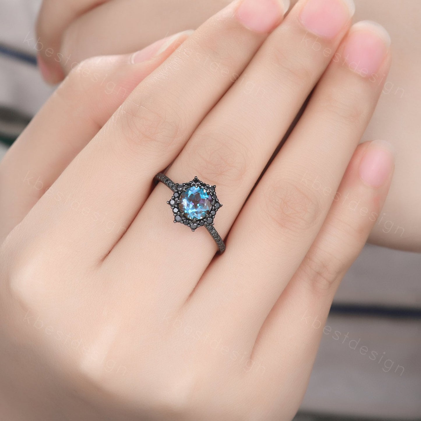 Vintage round cut alexandrite engagement ring black gold art deco black spinel ring unique bridal promise ring for her June birthstone ring