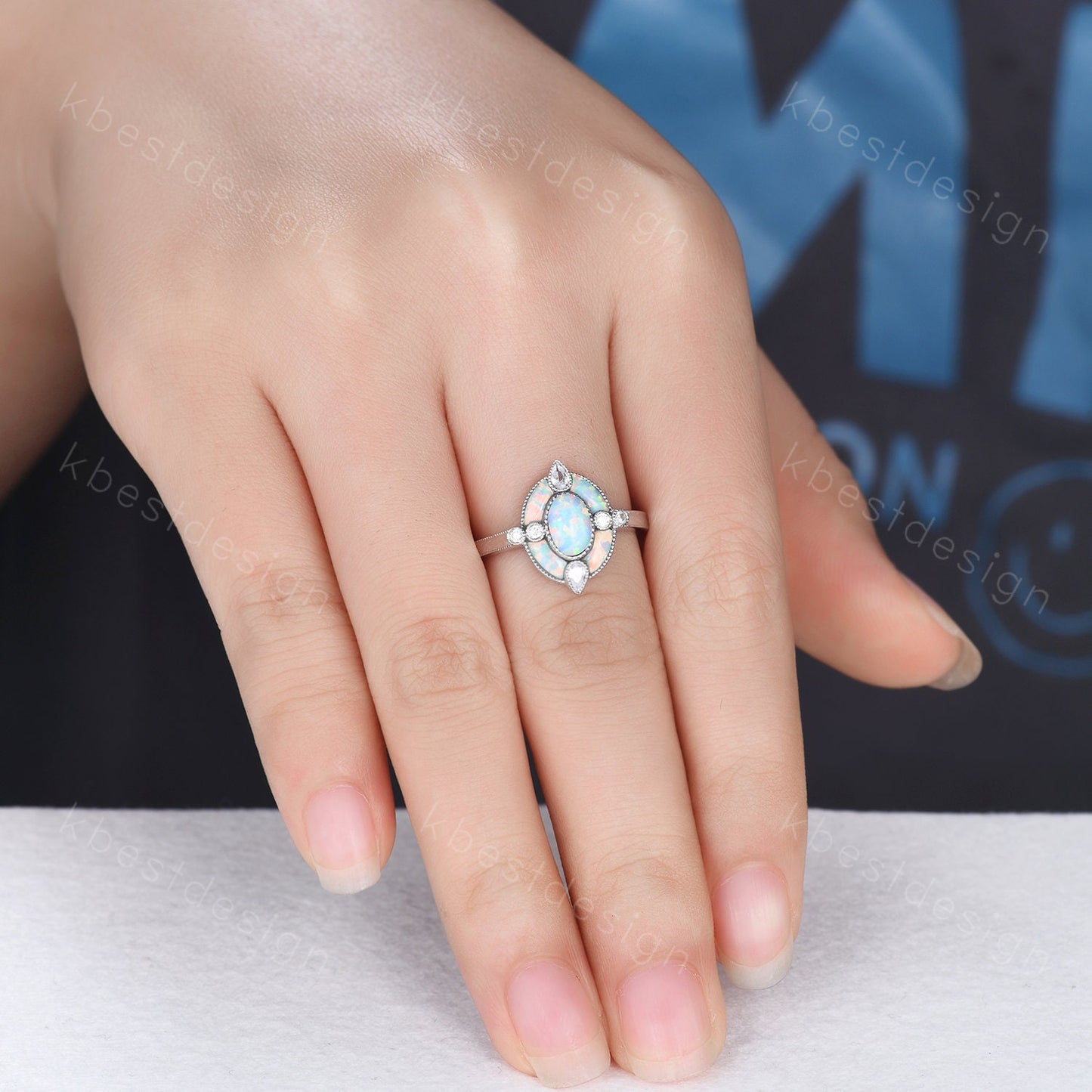 Antique White Opal Engagement Ring Sterling Silver Opal Halo Engagement Ring Vintage Oval cut Ring Cocktail Ring October Birthstone Gift