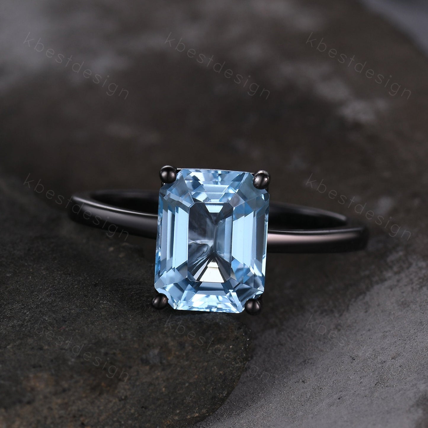 Emerald cut blue topaz engagement ring black gold ring solitaire Sky blue topaz engagement ring prong set statement ring promise gift