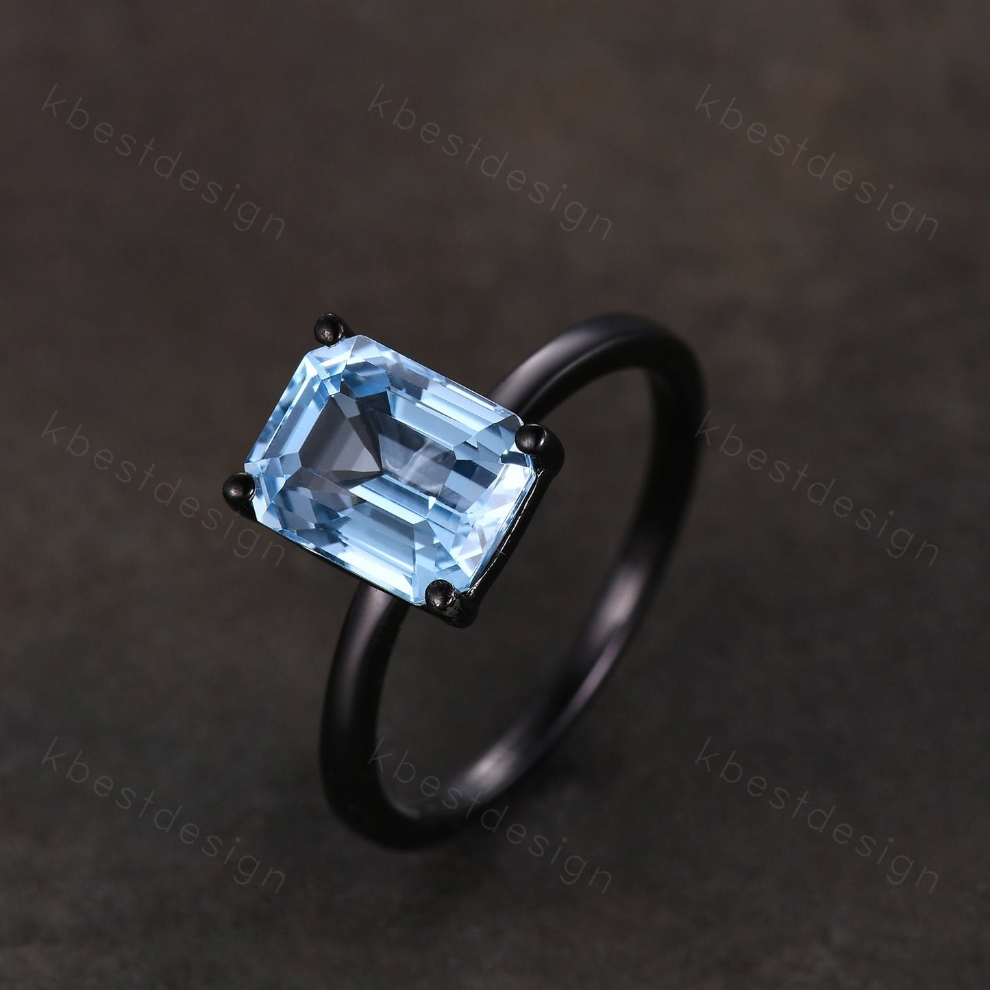 Emerald cut blue topaz engagement ring black gold ring solitaire Sky blue topaz engagement ring prong set statement ring promise gift
