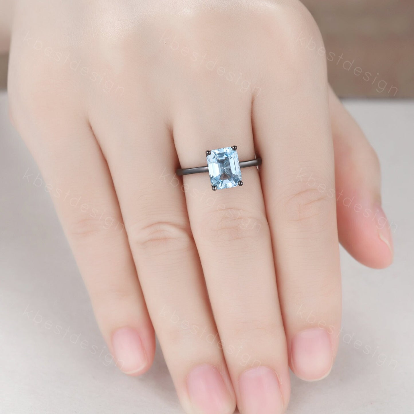 Emerald cut blue topaz engagement ring black gold ring solitaire Sky blue topaz engagement ring prong set statement ring promise gift