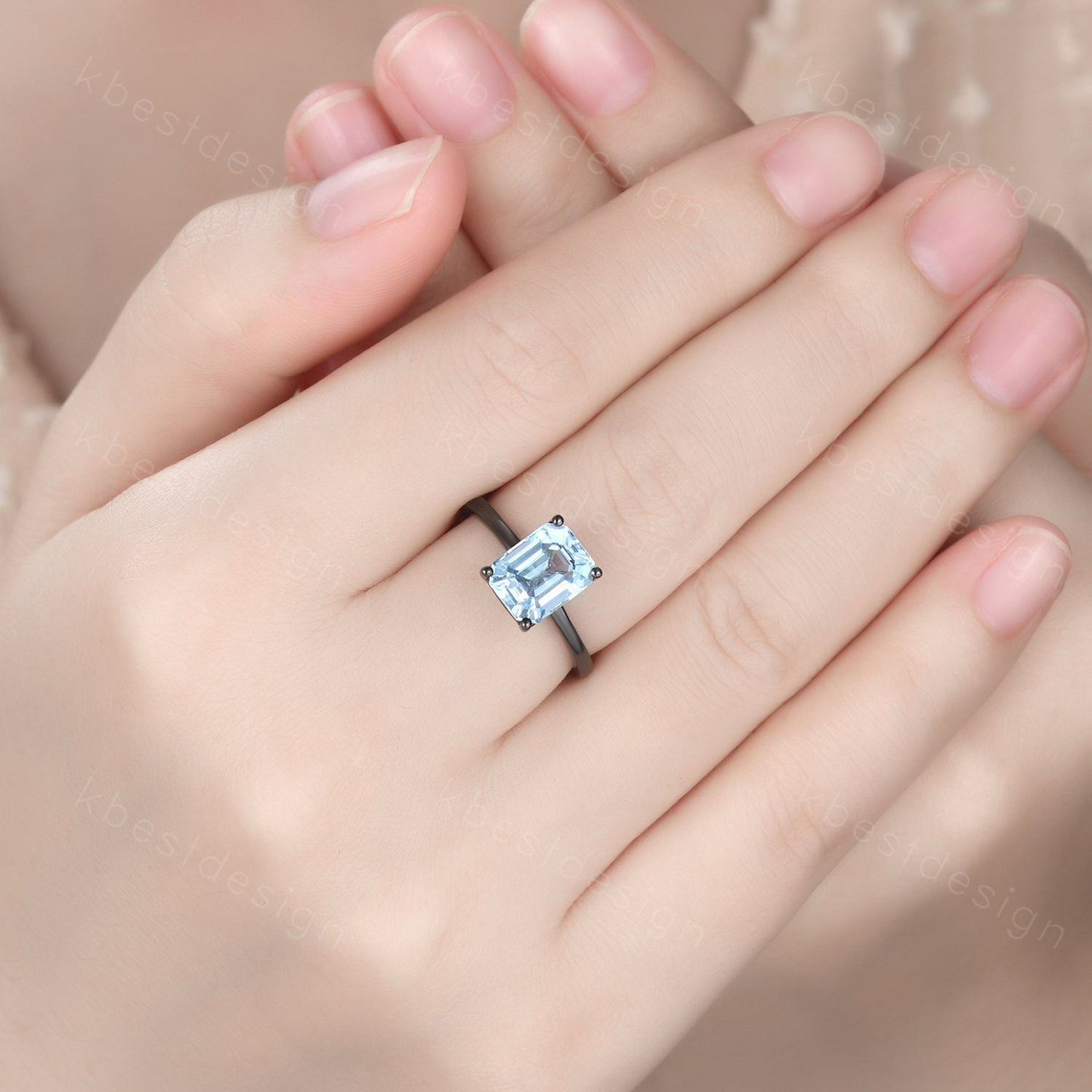 Emerald cut blue topaz engagement ring black gold ring solitaire Sky blue topaz engagement ring prong set statement ring promise gift