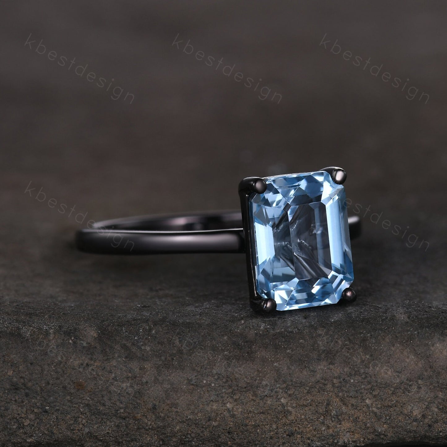 Emerald cut blue topaz engagement ring black gold ring solitaire Sky blue topaz engagement ring prong set statement ring promise gift
