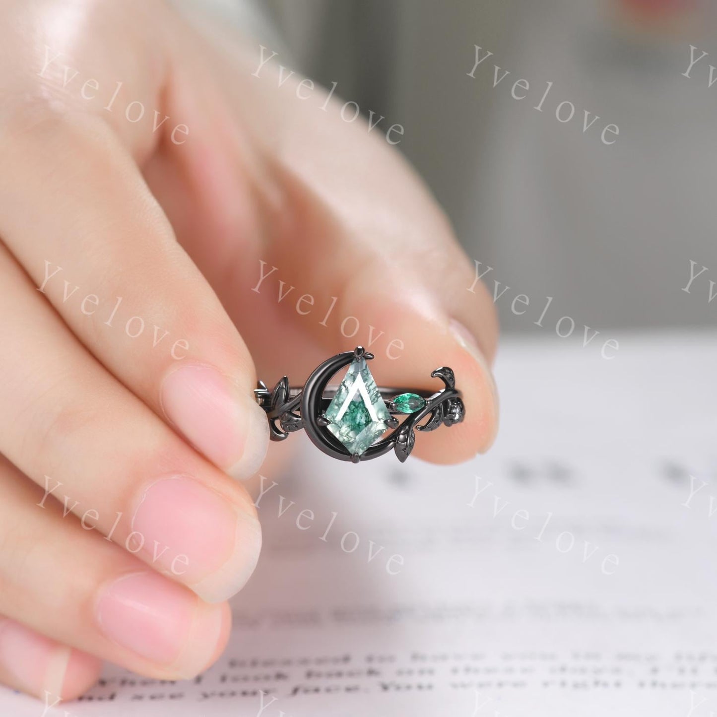 Crescent Moon Ring Vintage Kite Moss Agate Engagement Ring,Black Gold Band,Art Deco Leaf Amethyst Emerald Ring,Women Bridal Set,Promise Gift