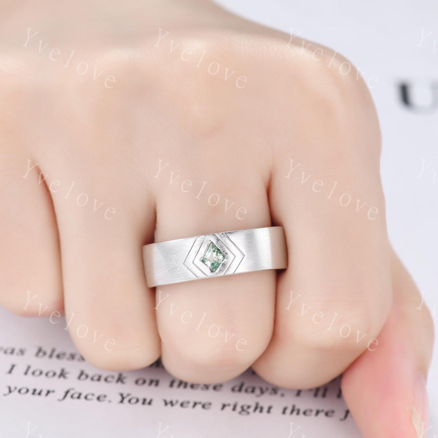 7mm Mens Kite Moss Agate Wedding Band Nature Inspired Agate Jewelry Engagement Ring Satin Texture Band Mens Stacking Band His Wedding band