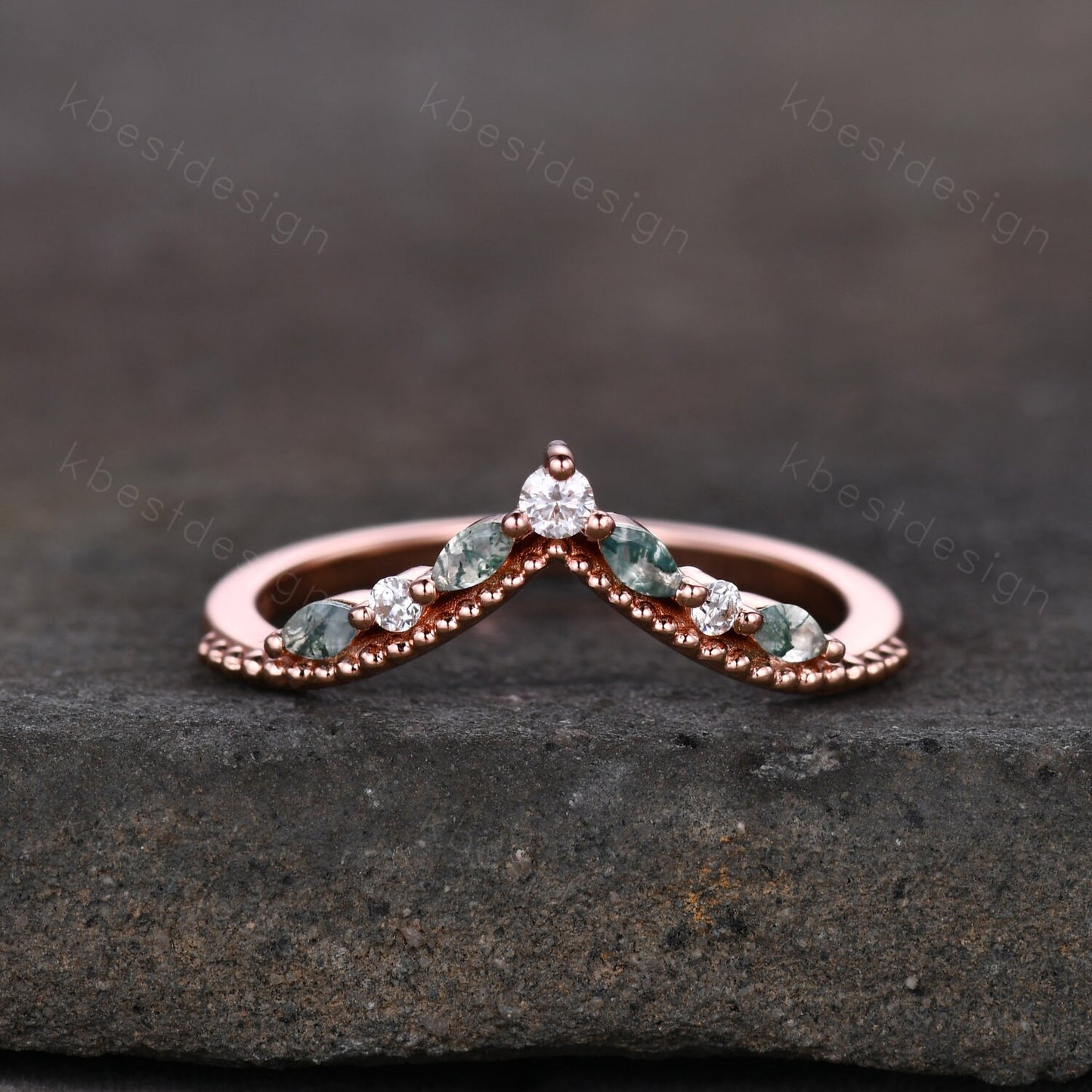 Curved Moss Agate wedding band rose gold wedding band Unique art deco moissanite stacking band Anniversary ring Women gift