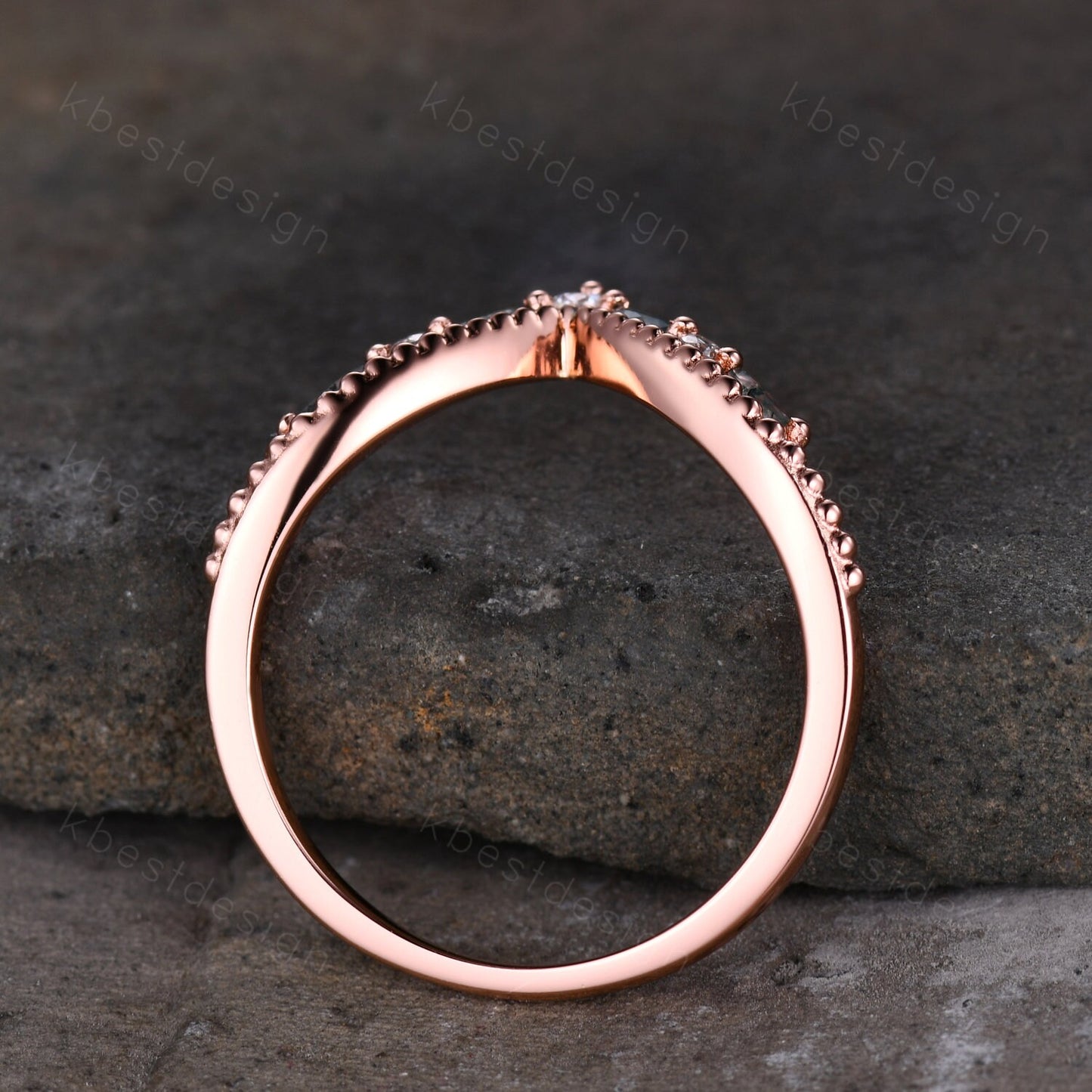 Curved Moss Agate wedding band rose gold wedding band Unique art deco moissanite stacking band Anniversary ring Women gift