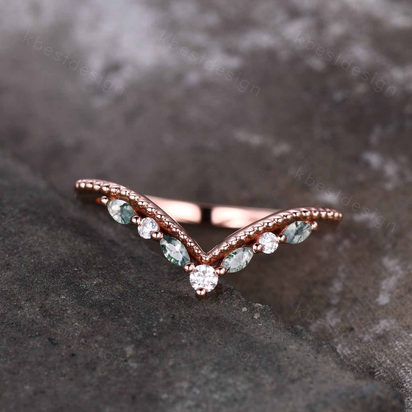 Curved Moss Agate wedding band rose gold wedding band Unique art deco moissanite stacking band Anniversary ring Women gift