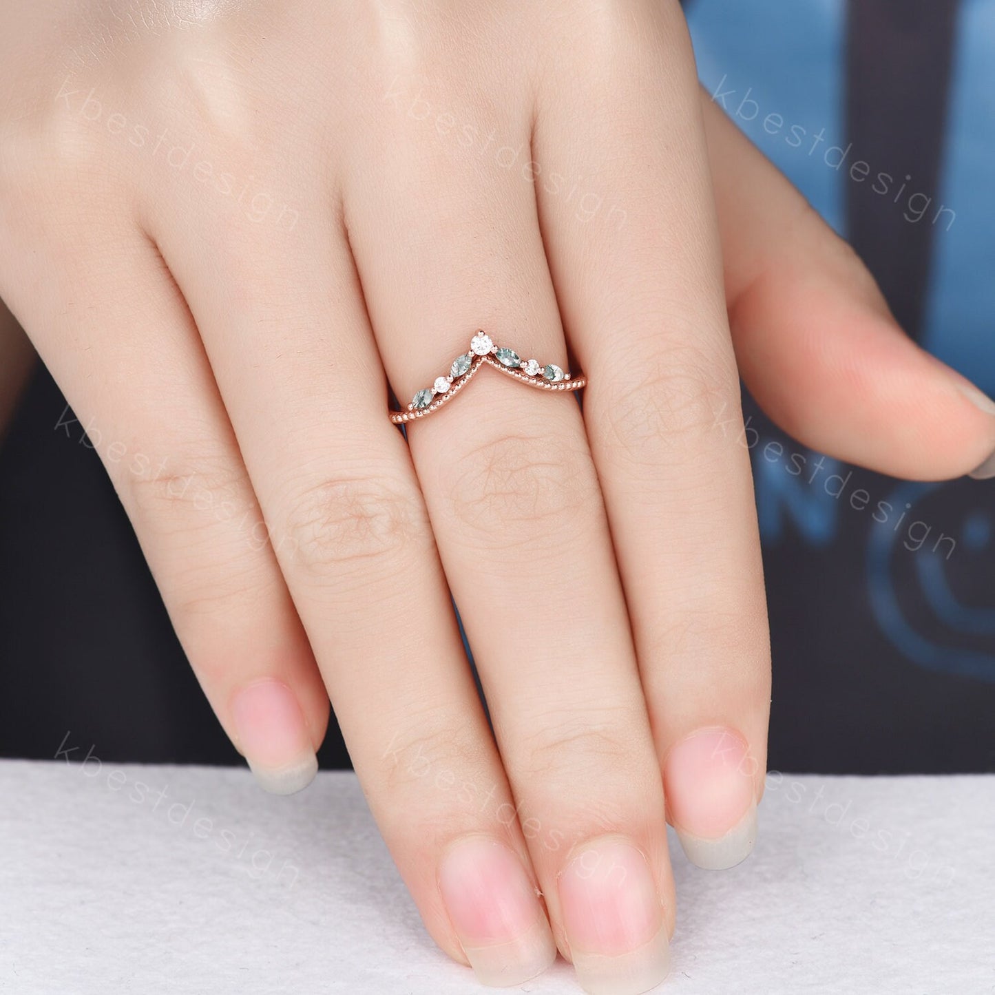 Curved Moss Agate wedding band rose gold wedding band Unique art deco moissanite stacking band Anniversary ring Women gift