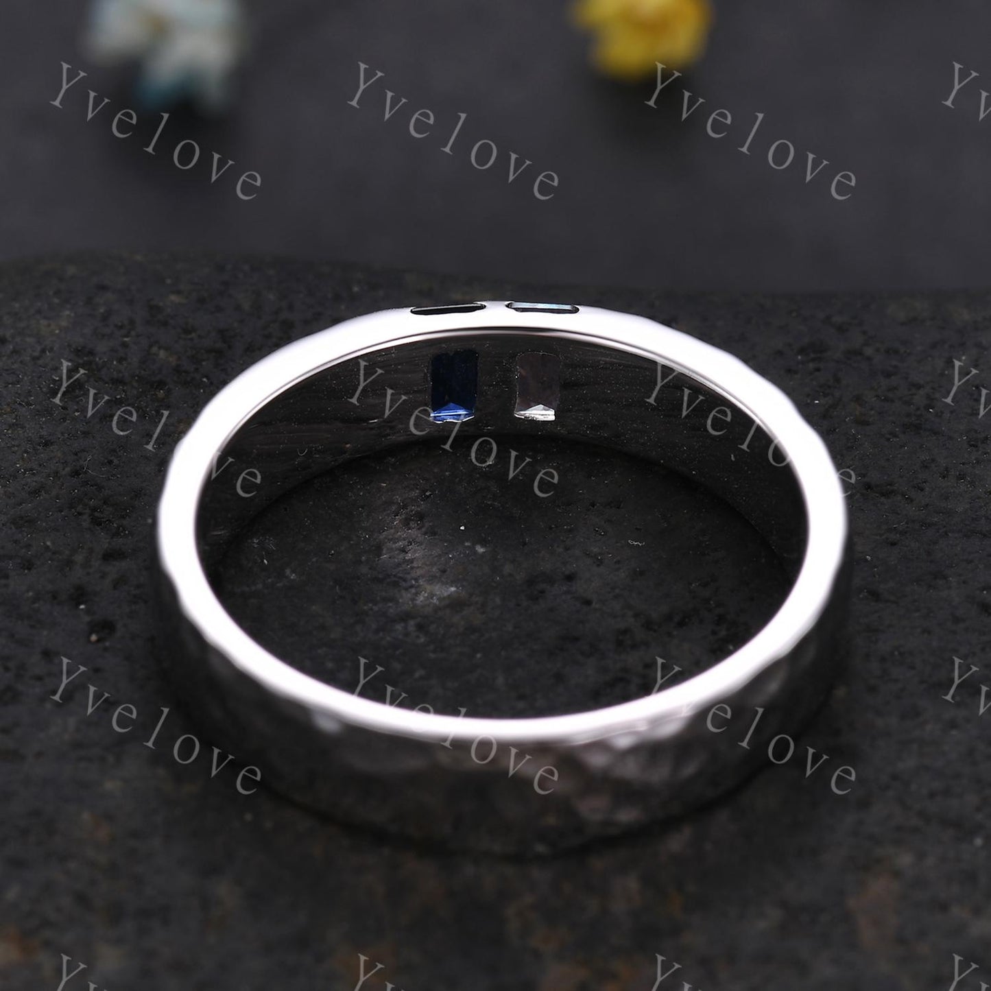 Custom order for Raj, 5mm width band, baguette cut natural sapphire and emerald, sterling silver, size 9 3/4.