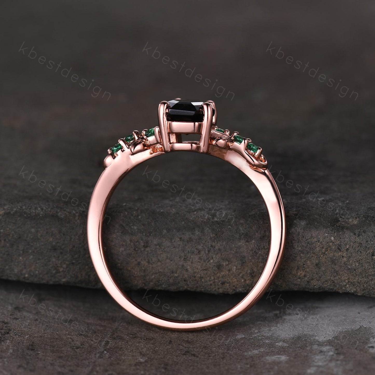 Coffin cut smoky quartz engagement ring Rose gold ring Art deco leaf design emerald wedding ring nature inspired ring bridal promise ring