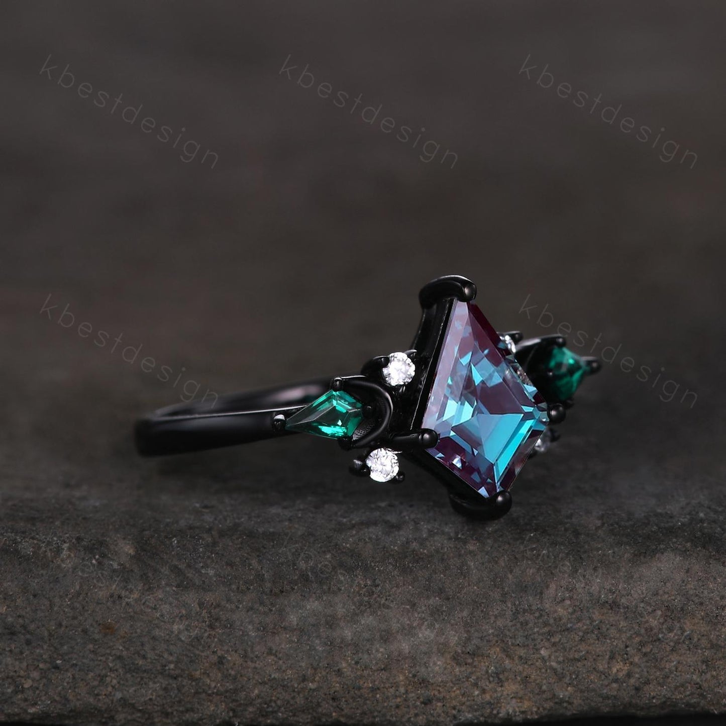 Kite cut Alexandrite engagement ring Black gold ring Art deco moon design emerald wedding ring unique cluster promise ring June birthstone