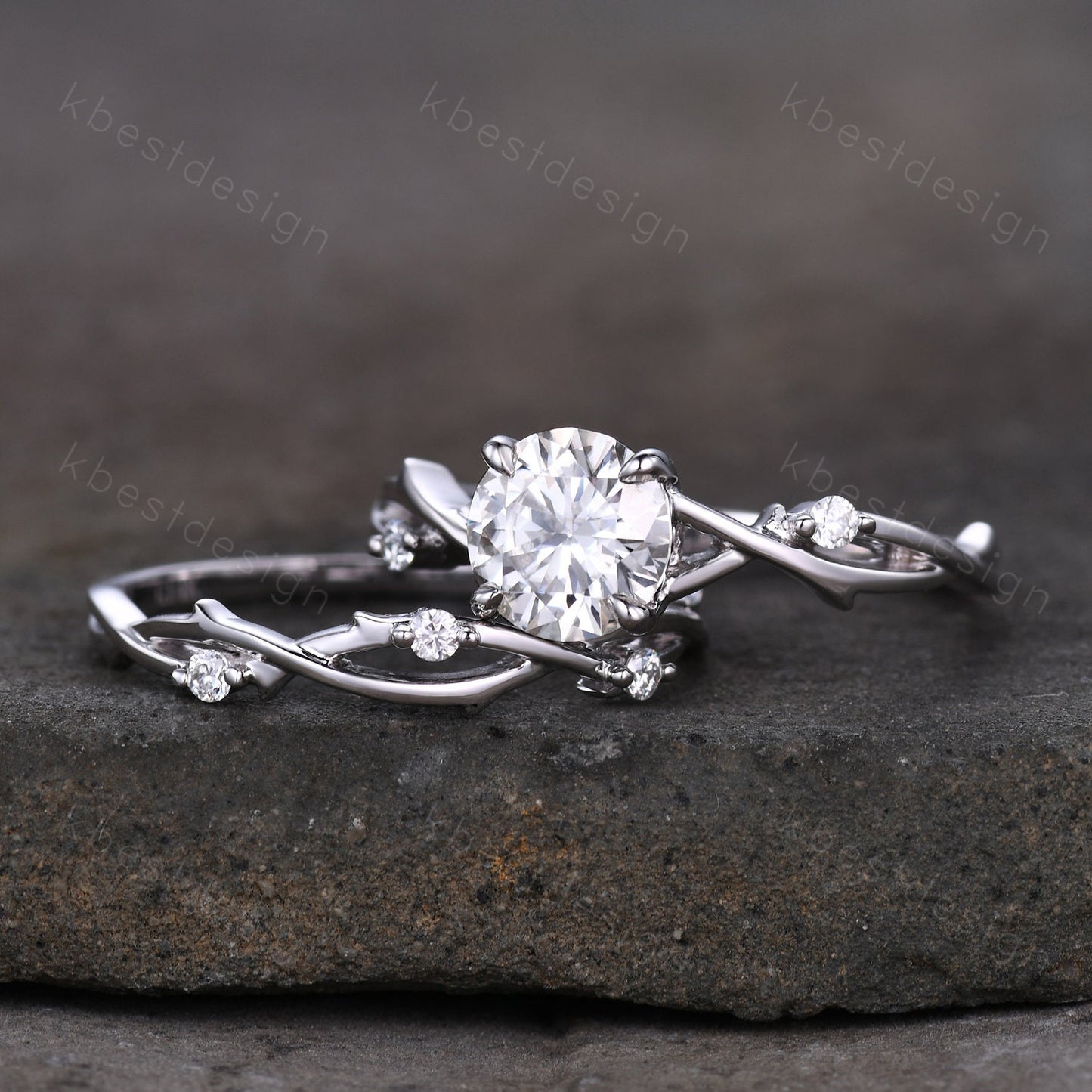 Vintage moissanite engagement ring sterling silver ring art deco twig stacking band round shaped bridal set unique moissanite wedding set