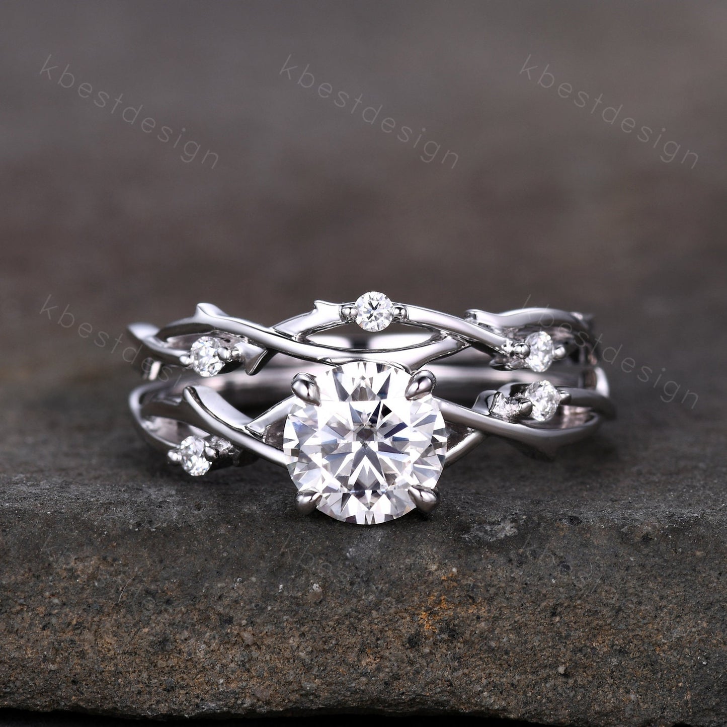 Vintage moissanite engagement ring sterling silver ring art deco twig stacking band round shaped bridal set unique moissanite wedding set