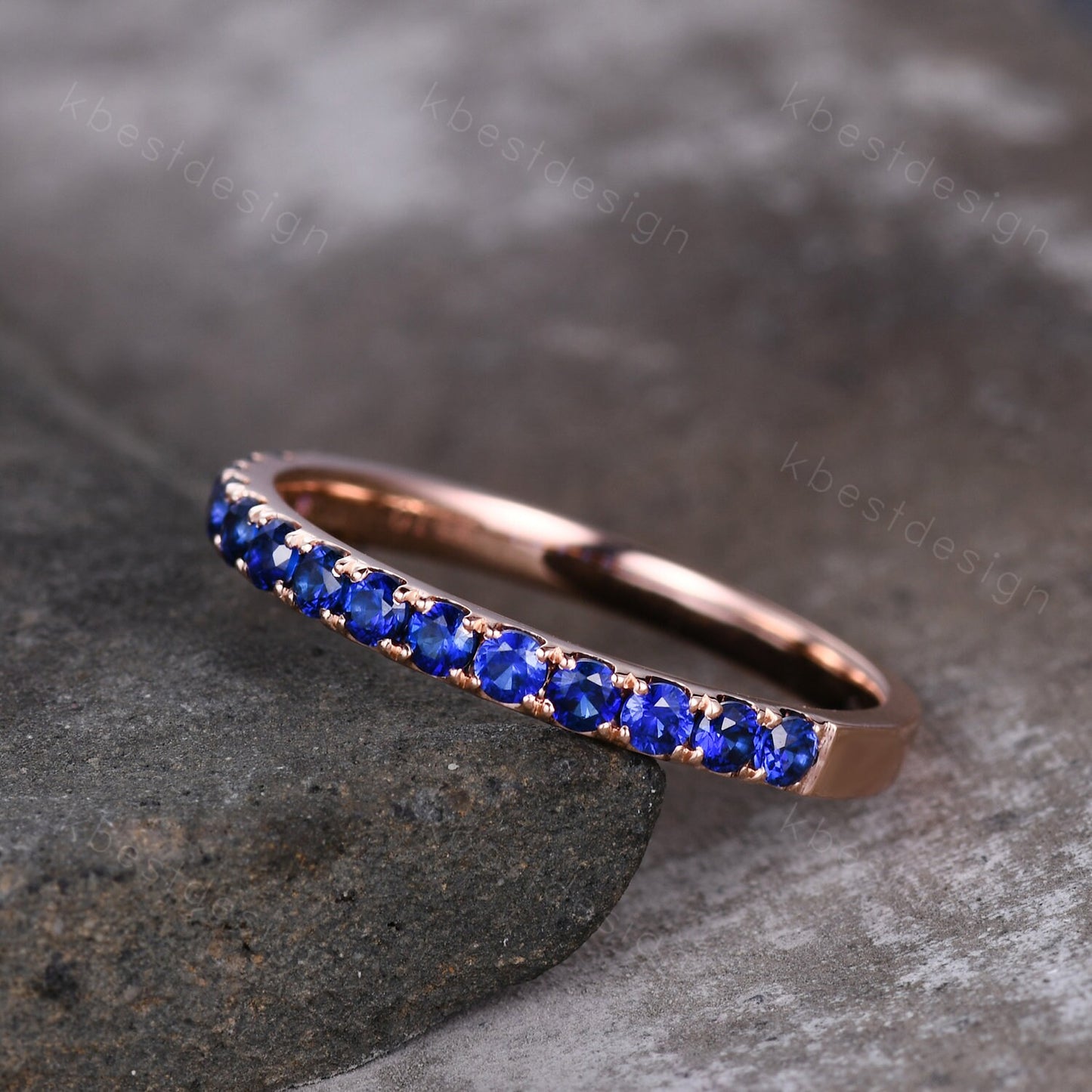 Half Eternity Blue Sapphire Wedding Band Rose Gold Band for Women 2mm Sapphire Stacking Band September Birthstone Ring Anniversary Ring