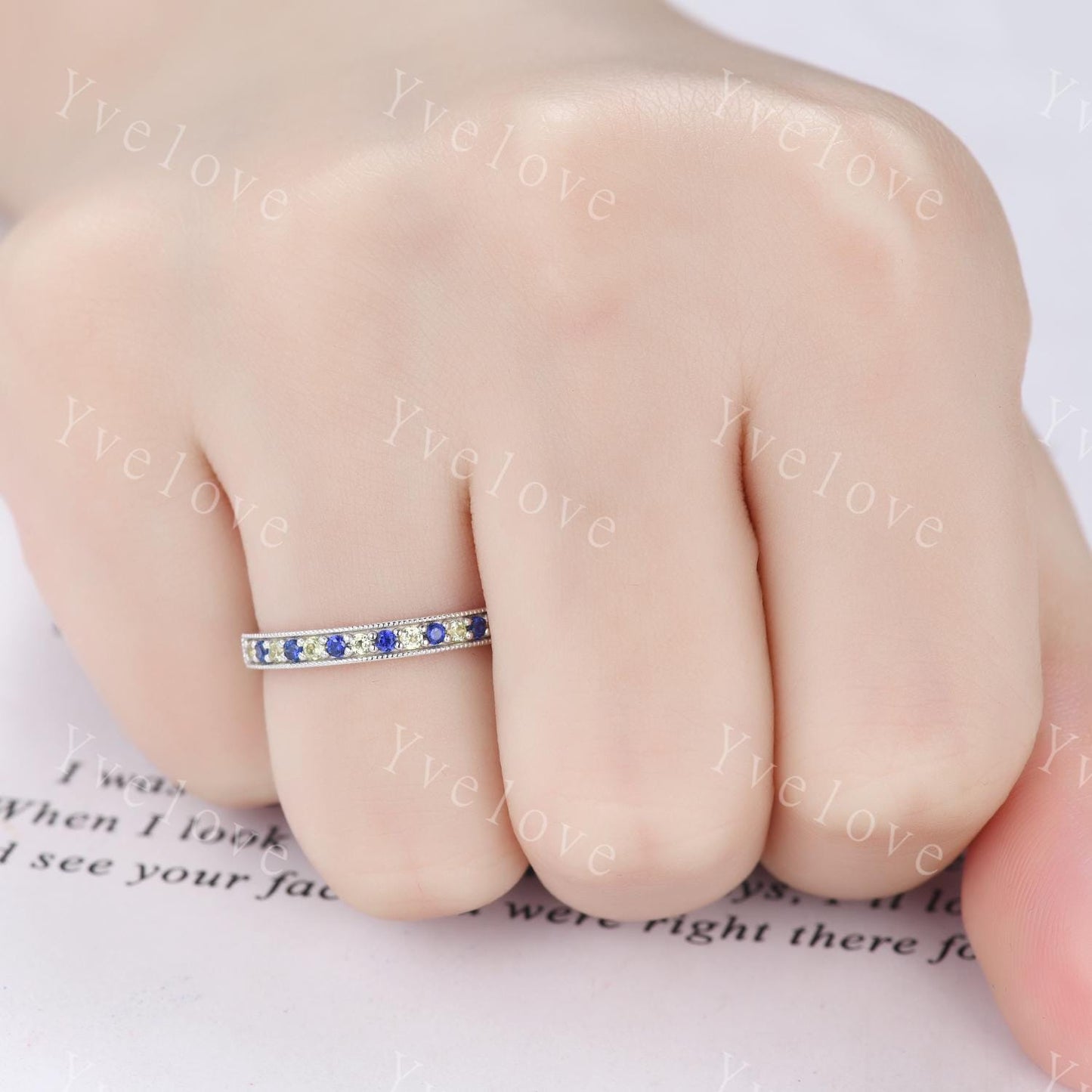 Peridot wedding band sapphire wedding ring 14k white gold half eternity ring milgrain style birthstone ring anniversary gift handmade gift