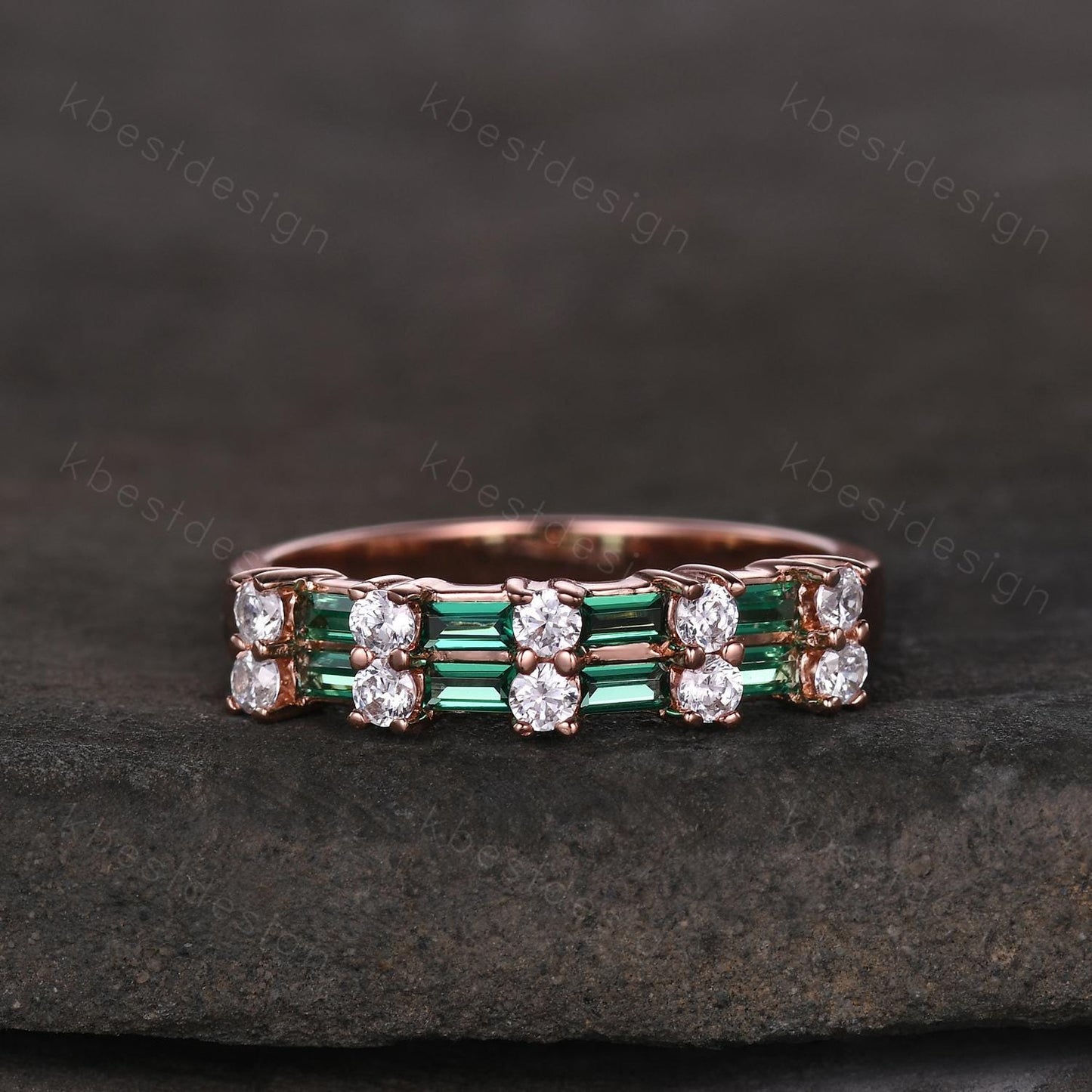 Vintage Emerald wedding band women Baguette cut Half eternity band Rose gold wedding band Unique Stacking Matching bridal promise ring