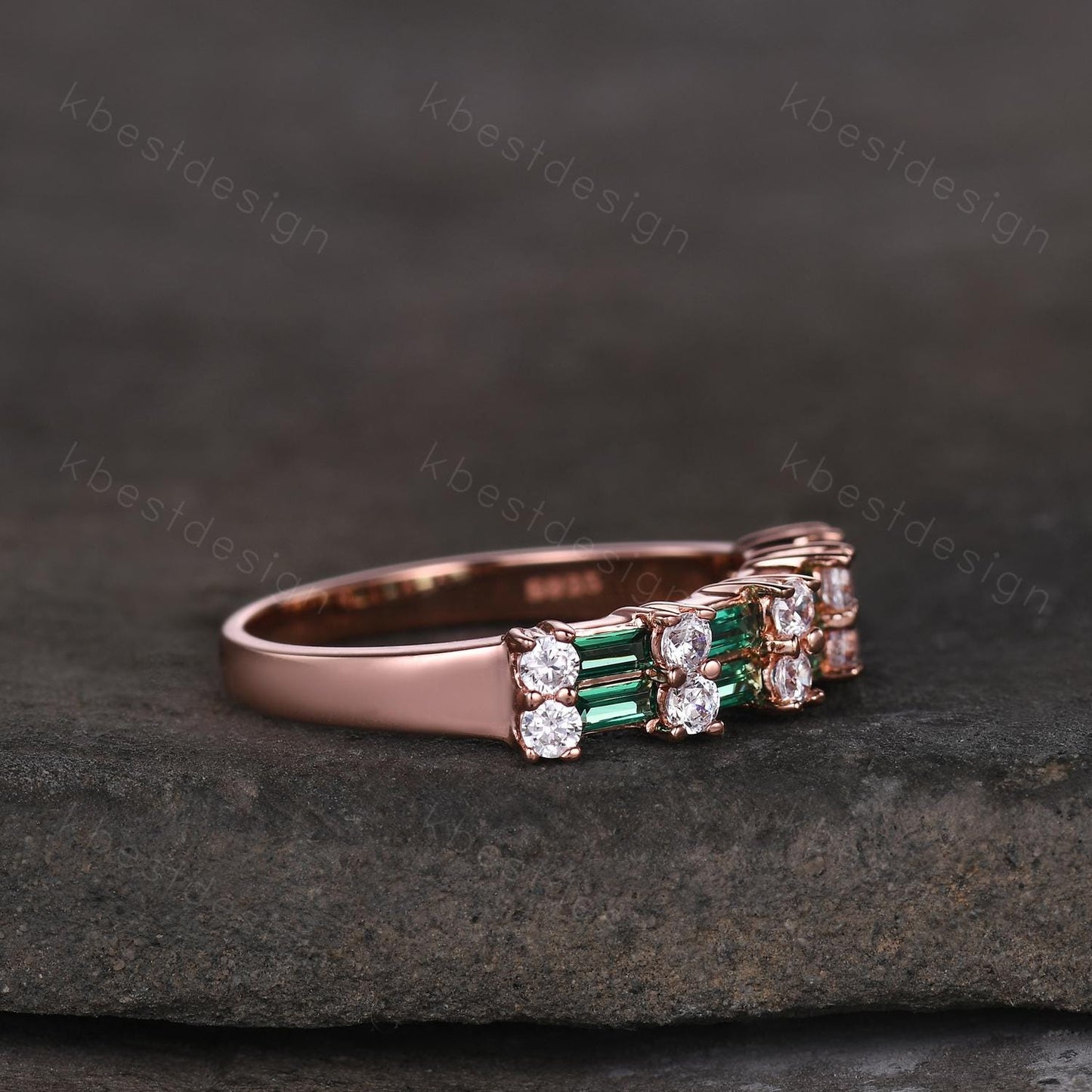 Vintage Emerald wedding band women Baguette cut Half eternity band Rose gold wedding band Unique Stacking Matching bridal promise ring
