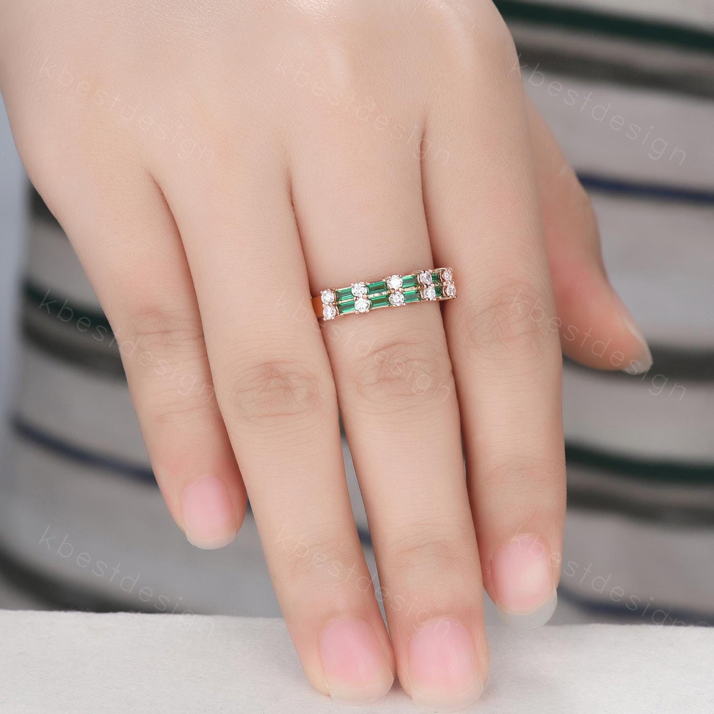 Vintage Emerald wedding band women Baguette cut Half eternity band Rose gold wedding band Unique Stacking Matching bridal promise ring