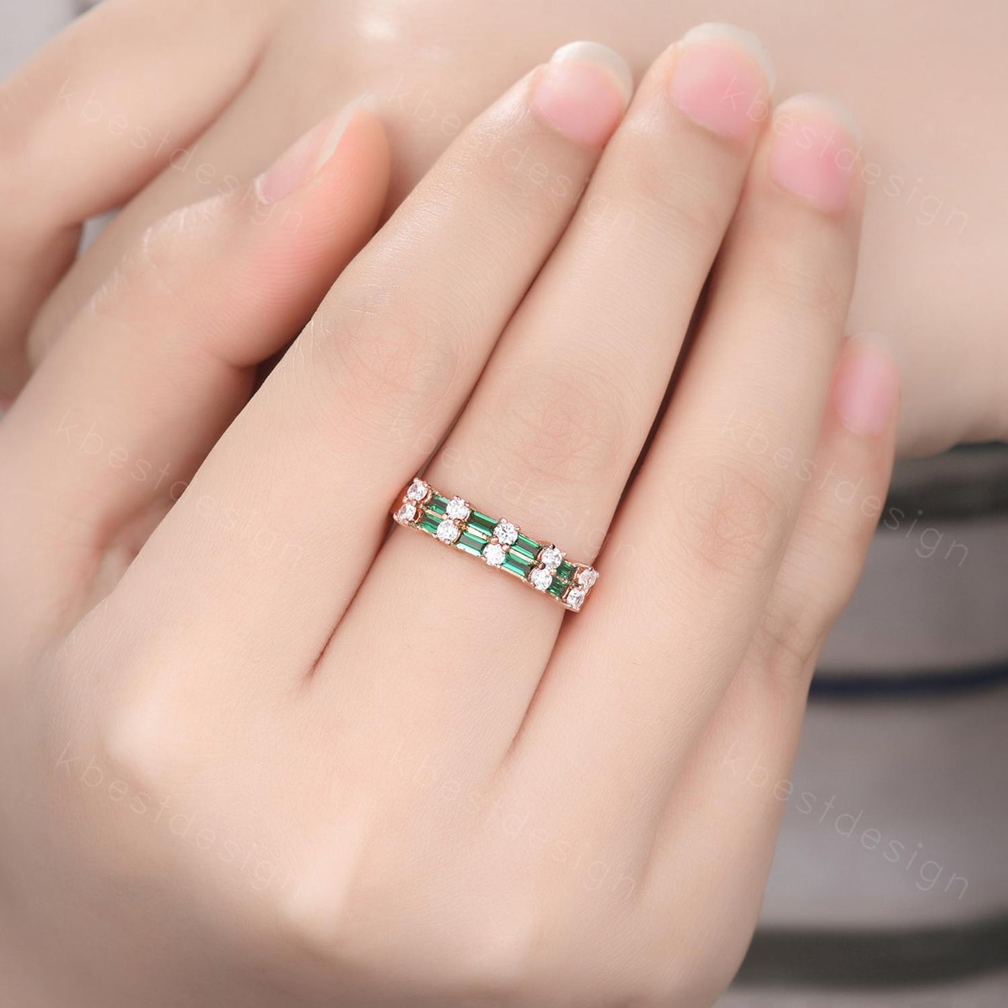 Vintage Emerald wedding band women Baguette cut Half eternity band Rose gold wedding band Unique Stacking Matching bridal promise ring