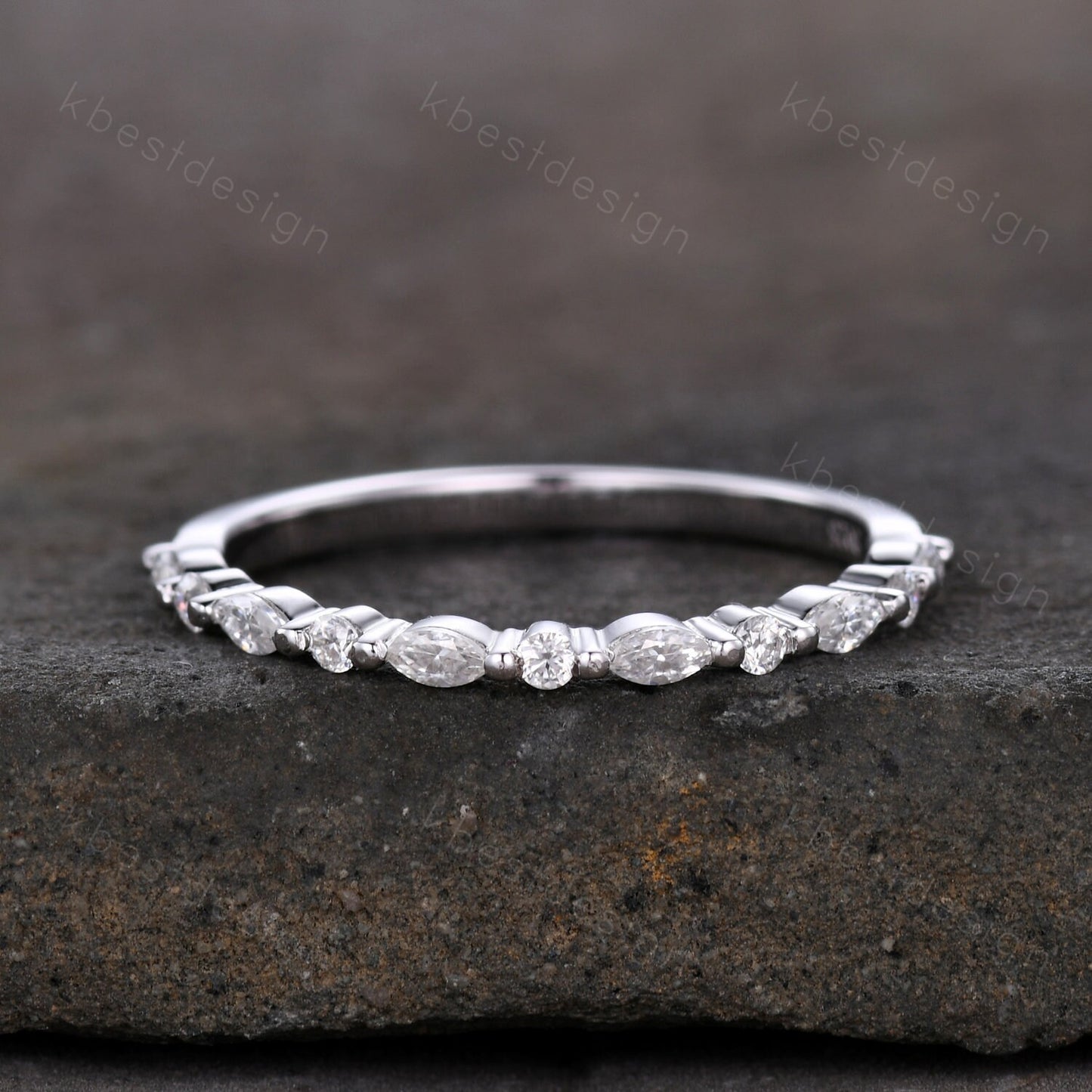 Dainty Moissanite wedding band set women marquise cut half eternity band silver wedding band Unique Stacking Matching anniversary ring gift