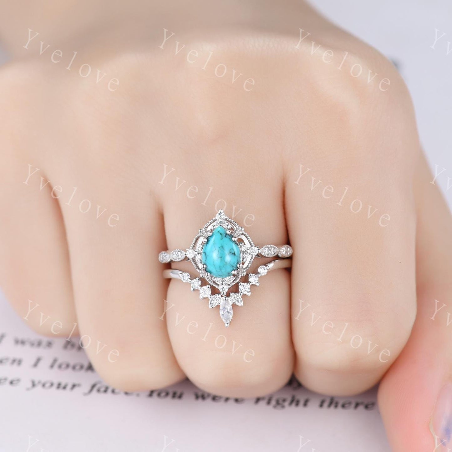 Vintage Turquoise Engagement Ring Set,6x8mm Pear Turquoise Bridal Set,V Curved Moissanite Stacking Band,Solid Gold,Women Rings Gift For Her
