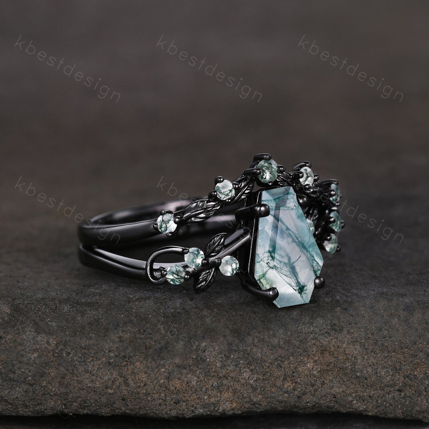 Vintage coffin moss agate engagement ring set black gold twig leaf ring natural green agate ring unique bridal wedding ring set promise ring