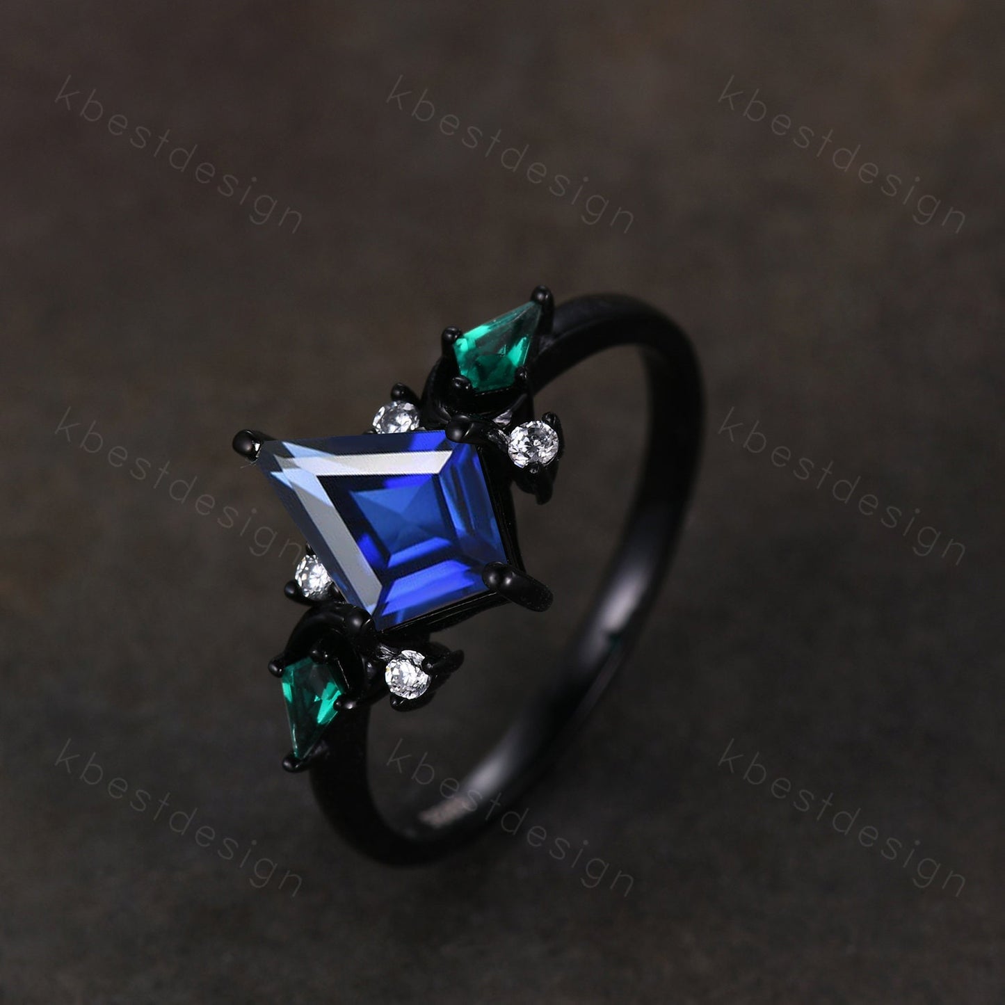 Vintage blue sapphire engagement ring Black gold ring Art deco moon design emerald wedding ring unique cluster bridal promise ring