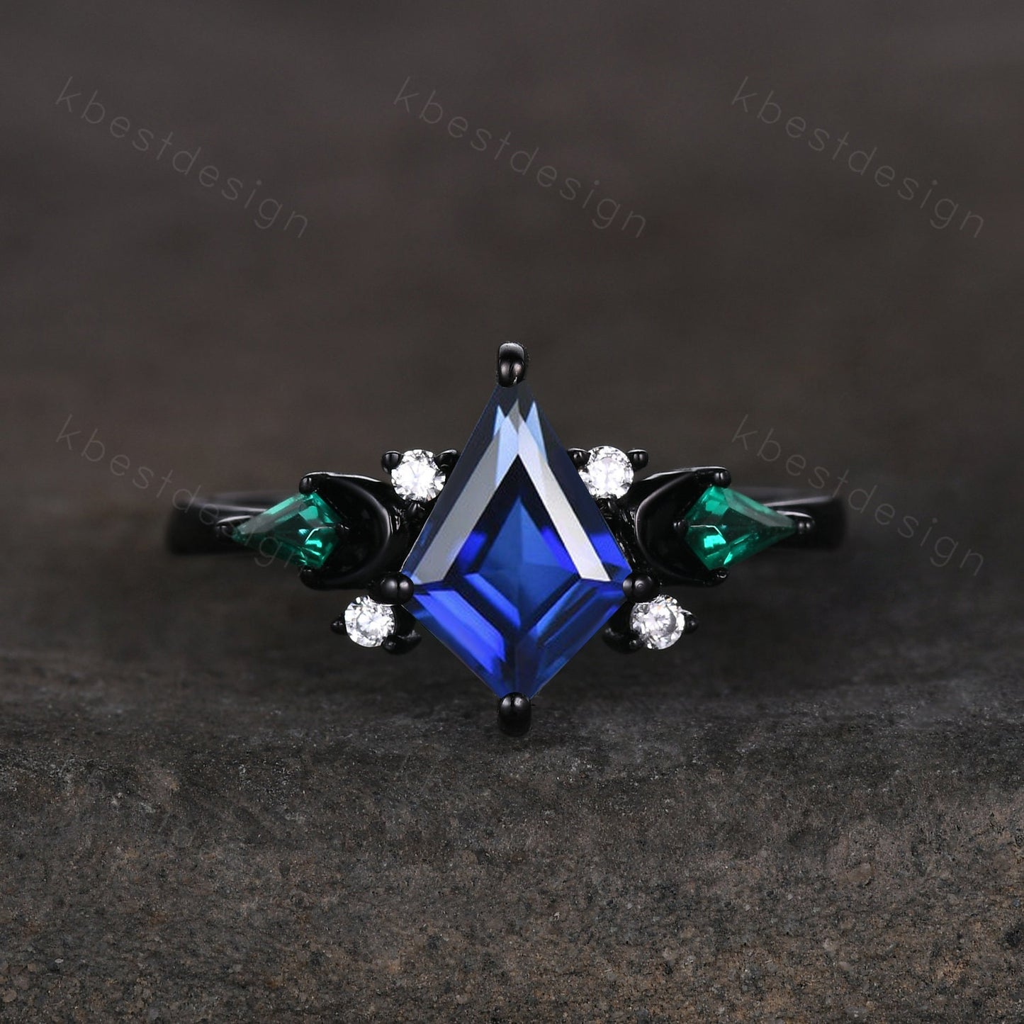 Vintage blue sapphire engagement ring Black gold ring Art deco moon design emerald wedding ring unique cluster bridal promise ring