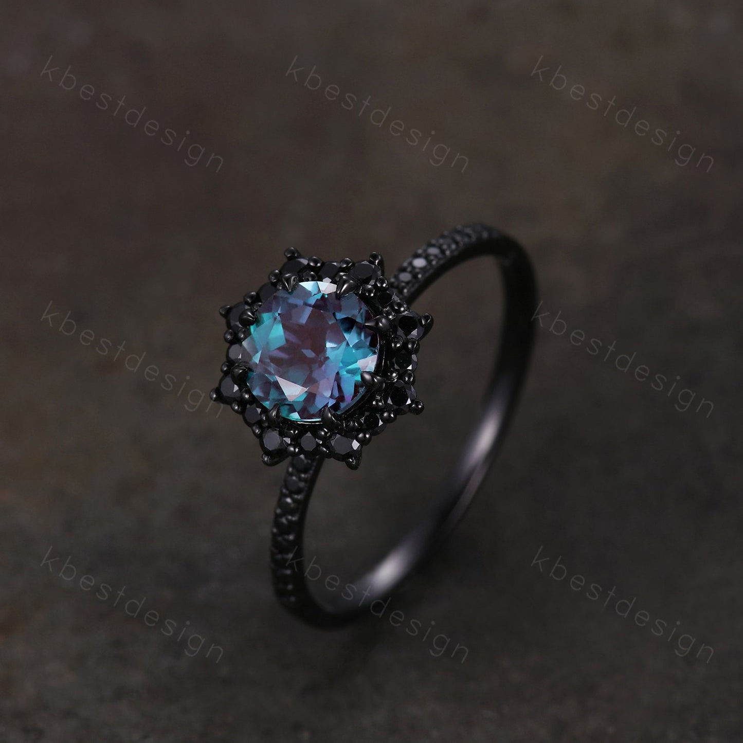 Vintage round cut alexandrite engagement ring black gold art deco black spinel ring unique bridal promise ring for her June birthstone ring