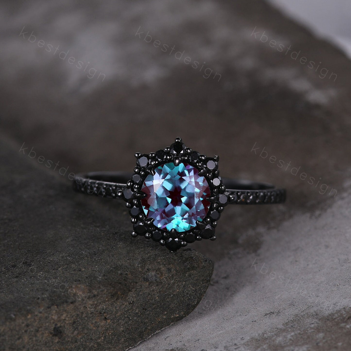 Vintage round cut alexandrite engagement ring black gold art deco black spinel ring unique bridal promise ring for her June birthstone ring