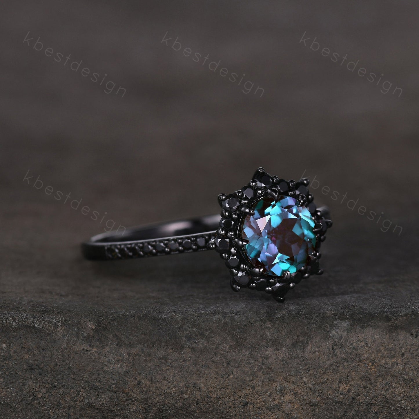 Vintage round cut alexandrite engagement ring black gold art deco black spinel ring unique bridal promise ring for her June birthstone ring
