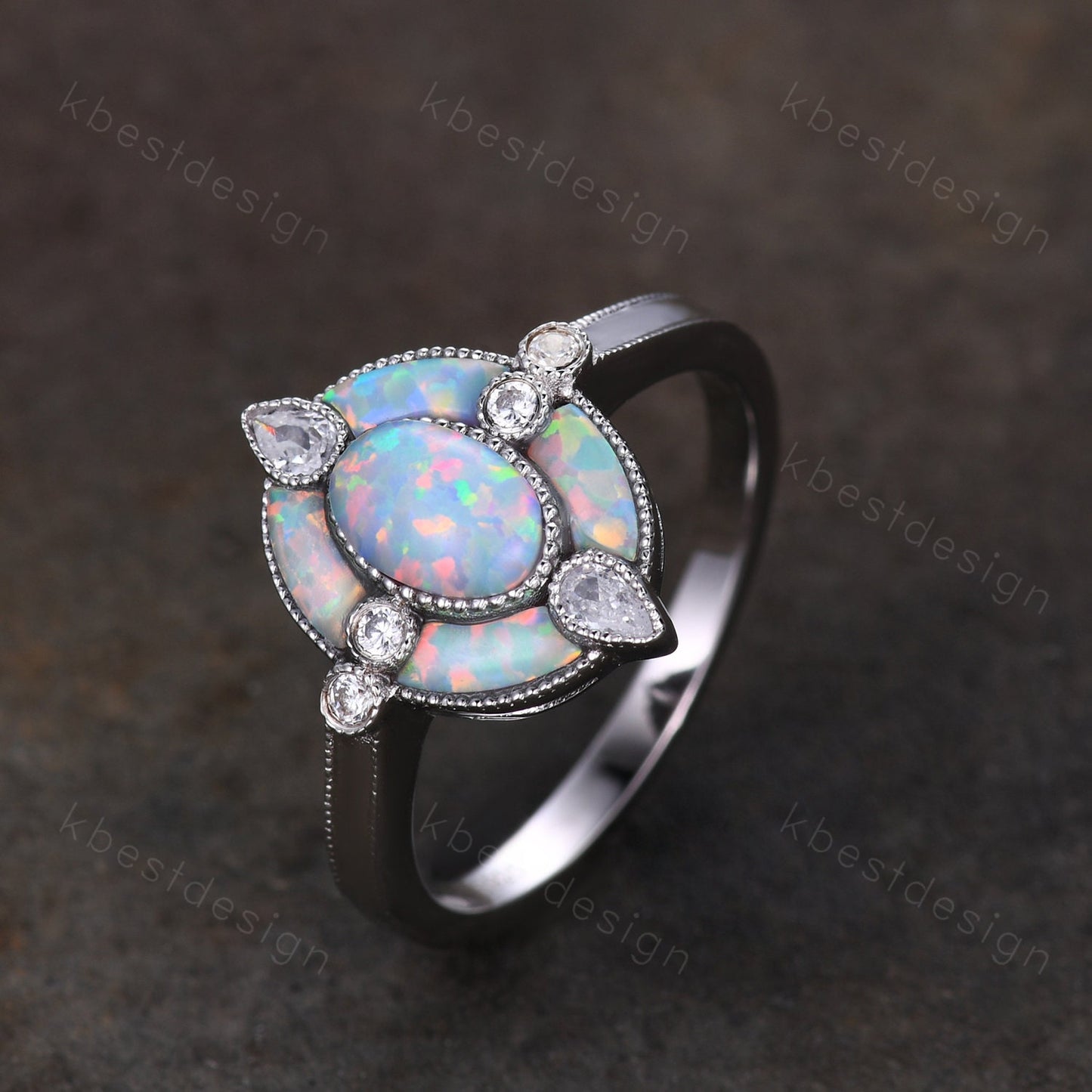 Antique White Opal Engagement Ring Sterling Silver Opal Halo Engagement Ring Vintage Oval cut Ring Cocktail Ring October Birthstone Gift