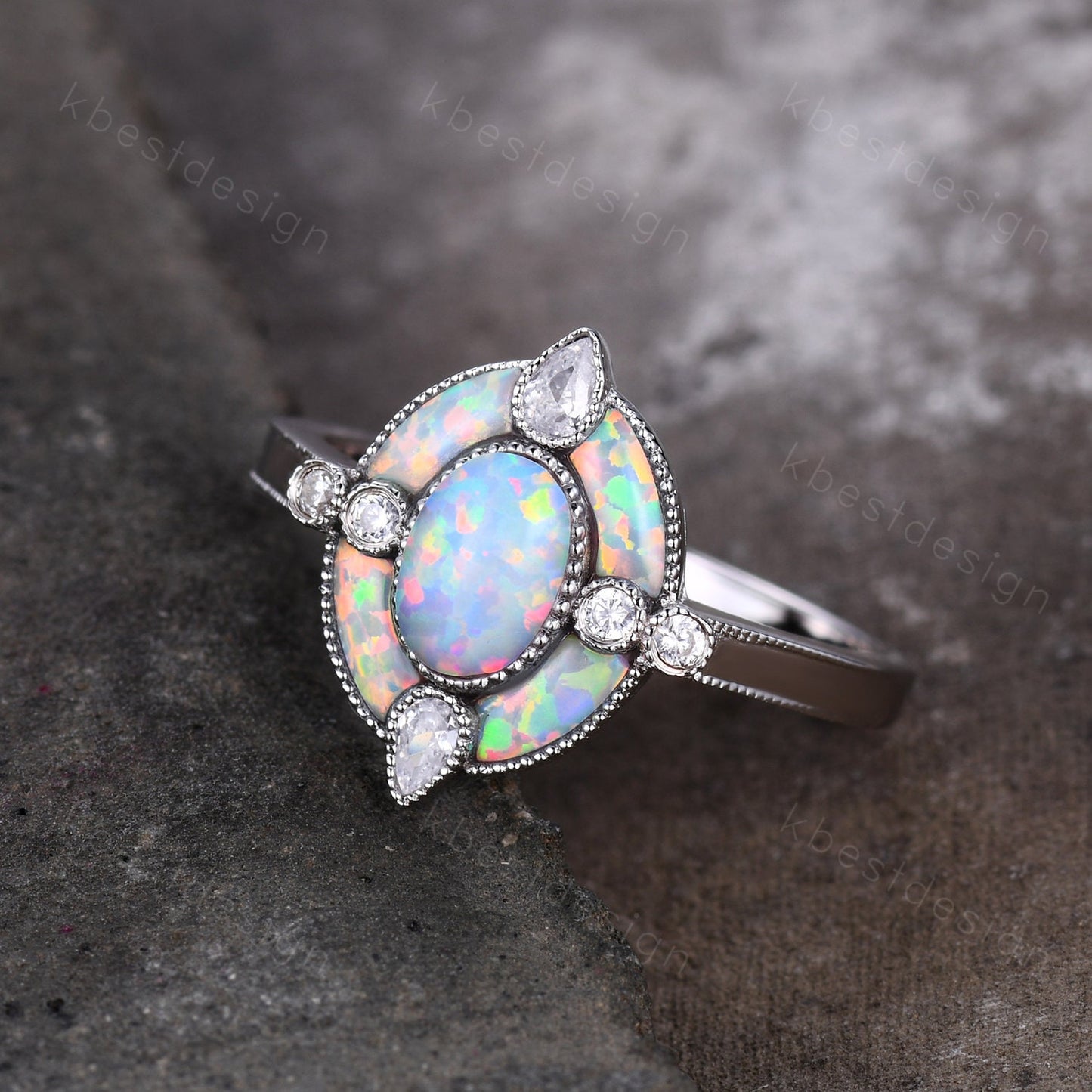 Antique White Opal Engagement Ring Sterling Silver Opal Halo Engagement Ring Vintage Oval cut Ring Cocktail Ring October Birthstone Gift