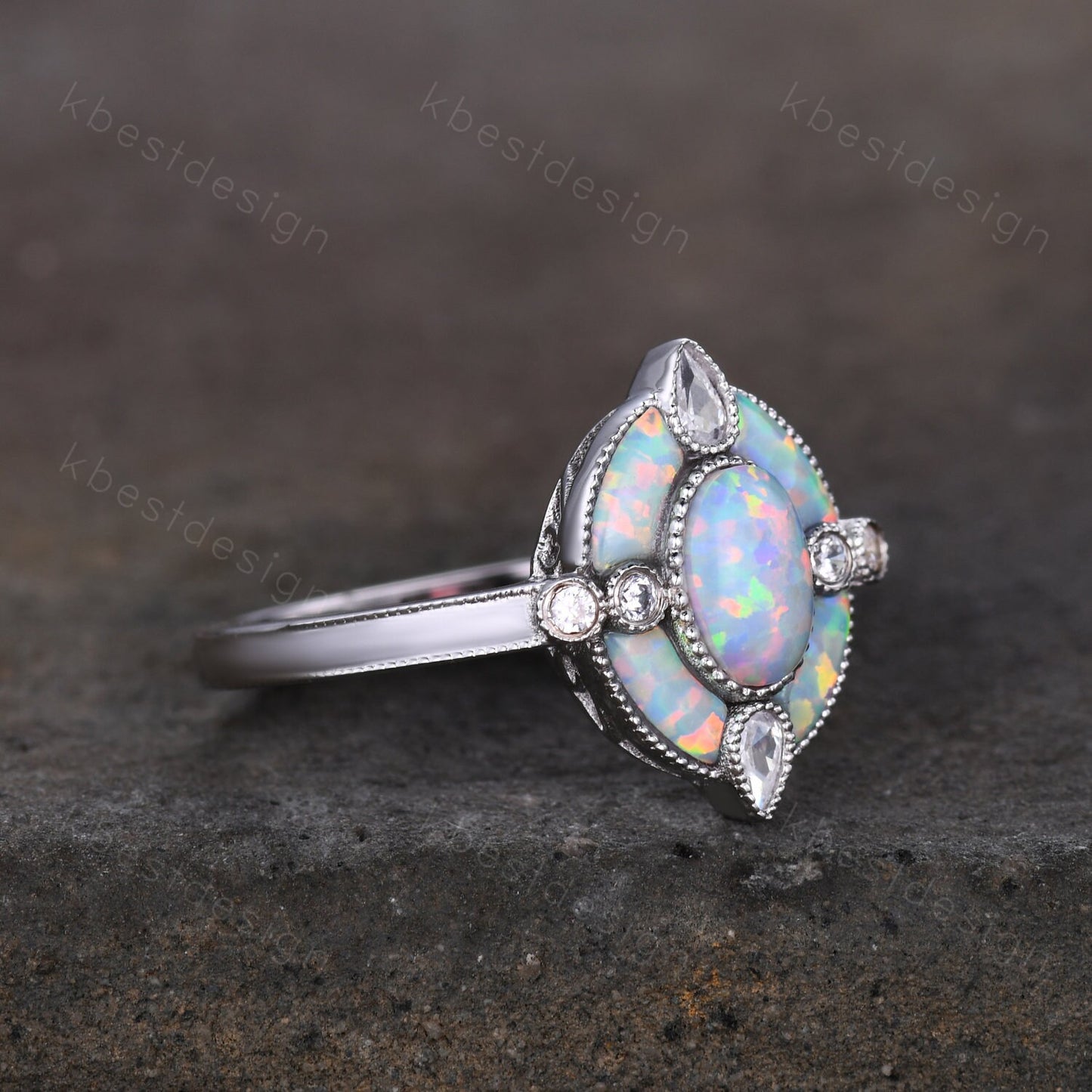 Antique White Opal Engagement Ring Sterling Silver Opal Halo Engagement Ring Vintage Oval cut Ring Cocktail Ring October Birthstone Gift