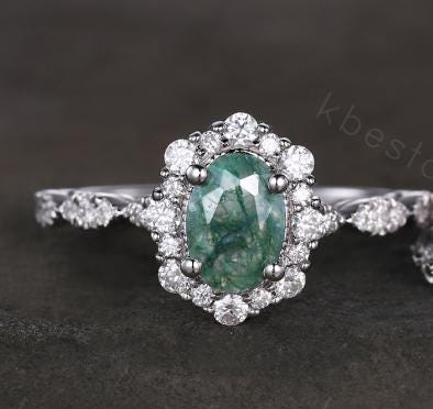 Vintage oval moss agate engagement ring set sterling silver 2mm half eternity moissanite band unique art deco bridal wedding ring set