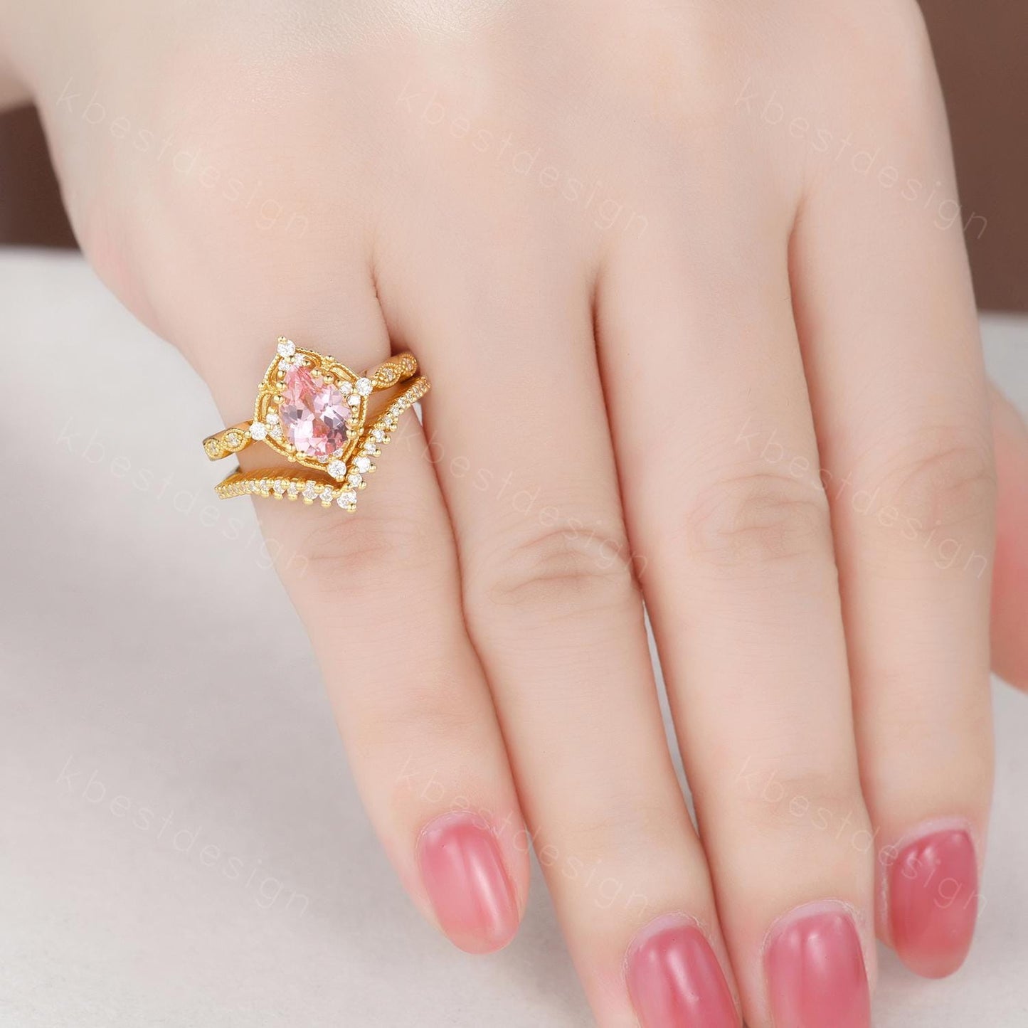 Vintage pink sapphire engagement ring 14k gold ring art deco curve stacking band pear shaped bridal set unique moissanite wedding set