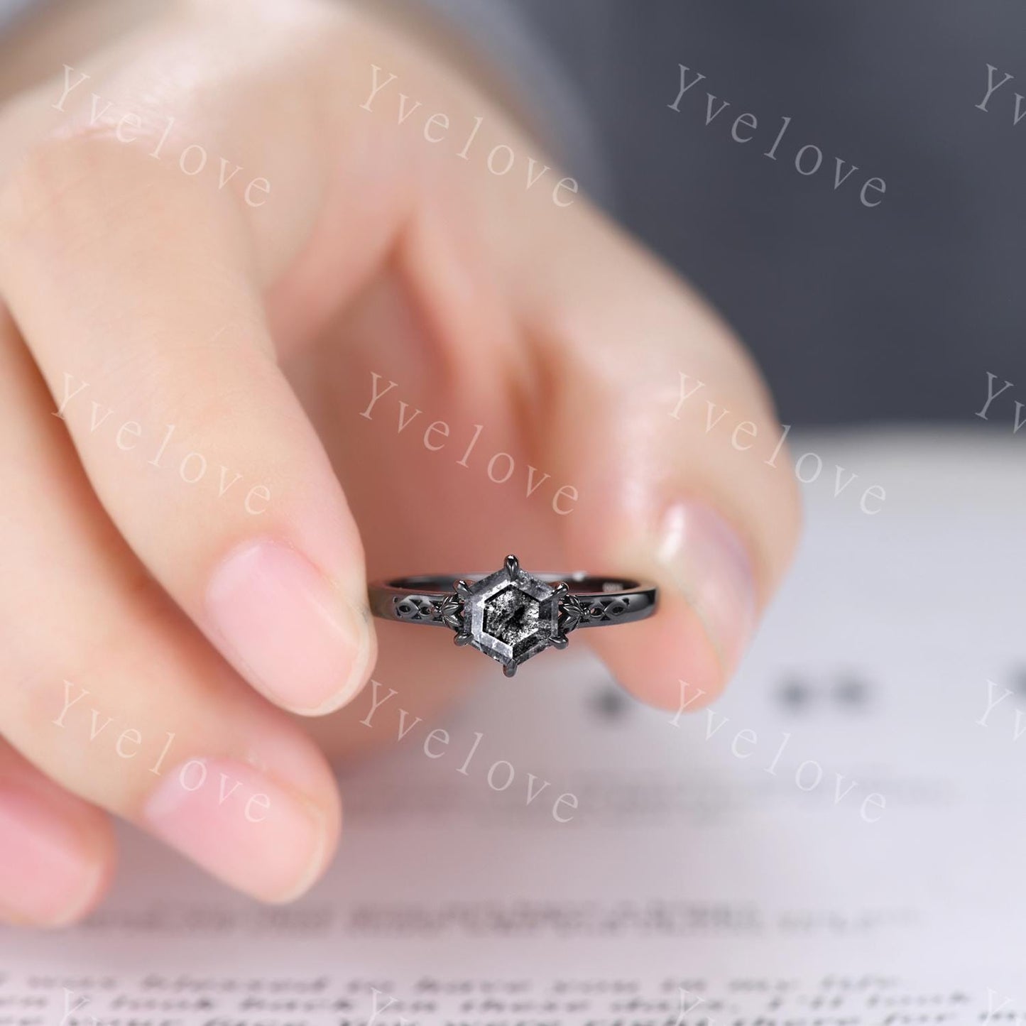 Vintage Salt Pepper Diamond Engagement Ring Set,18k Black Gold Ring,Hexagon Cut Bridal Ring,Art Deco Gray Diamond Matching Band Promise Gift