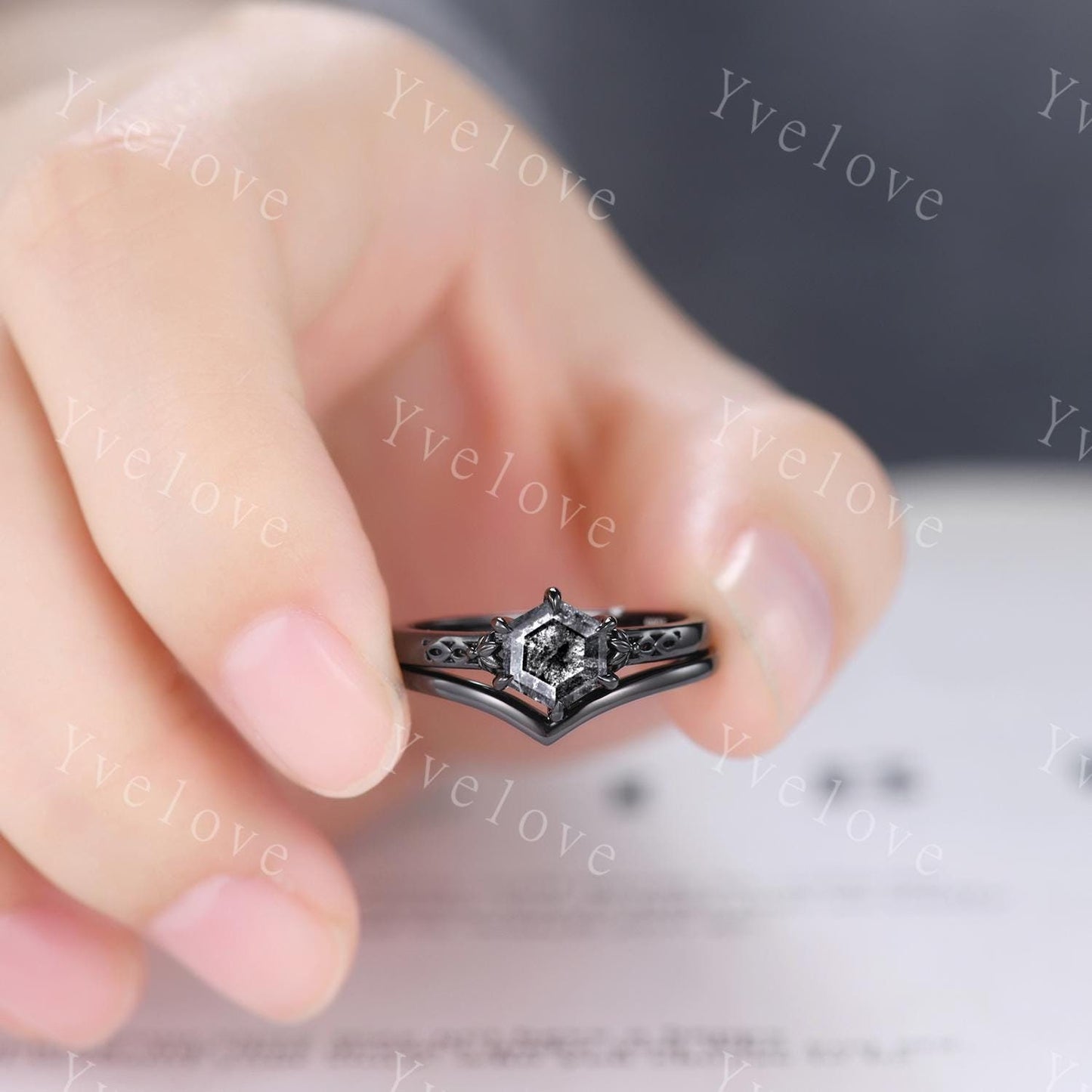 Vintage Salt Pepper Diamond Engagement Ring,14k 18k Black Gold Ring,Hexagon Cut Bridal Ring,Art Deco Gray Diamond Matching Band Promise Gift