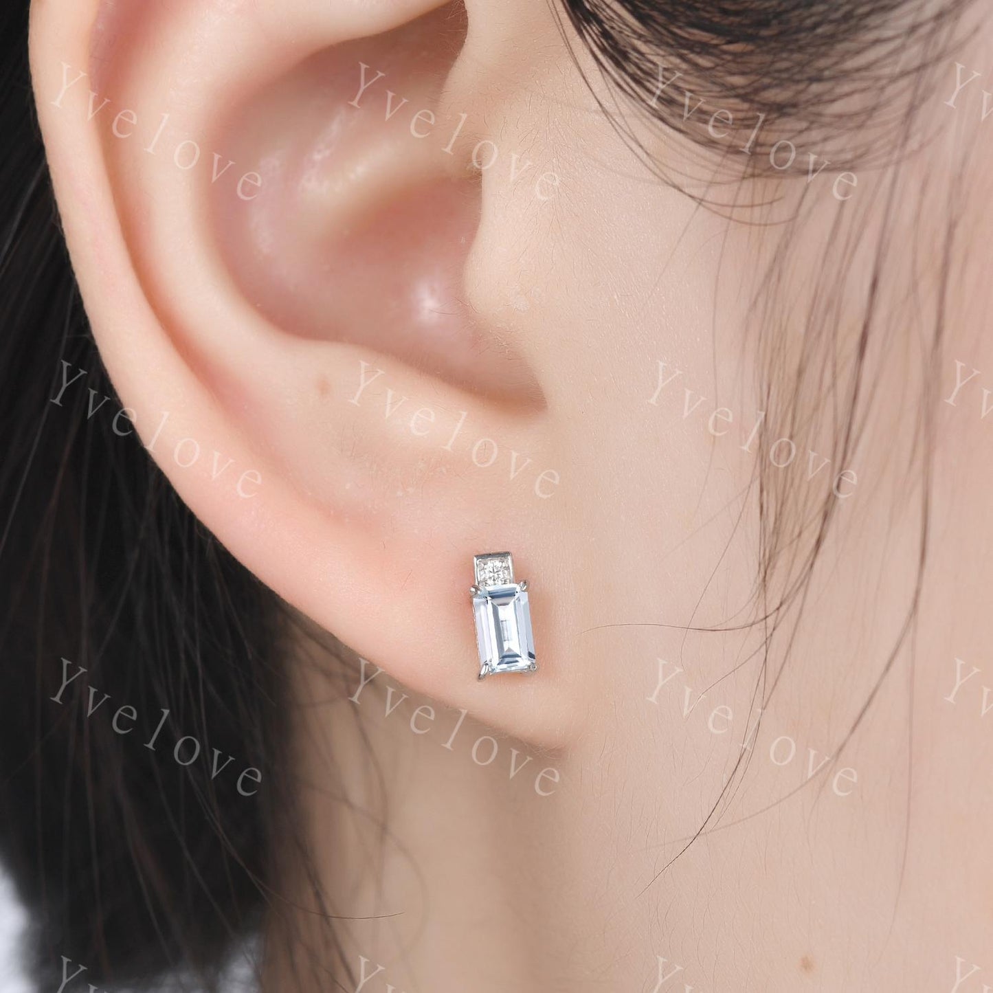 Tiny Baguette Aquamarine Moissanite Earrings,Dainty Black Gold Earring,Bar-type Stud,Ear lobe Perfect Piercing Earring Bridal Gift For Her
