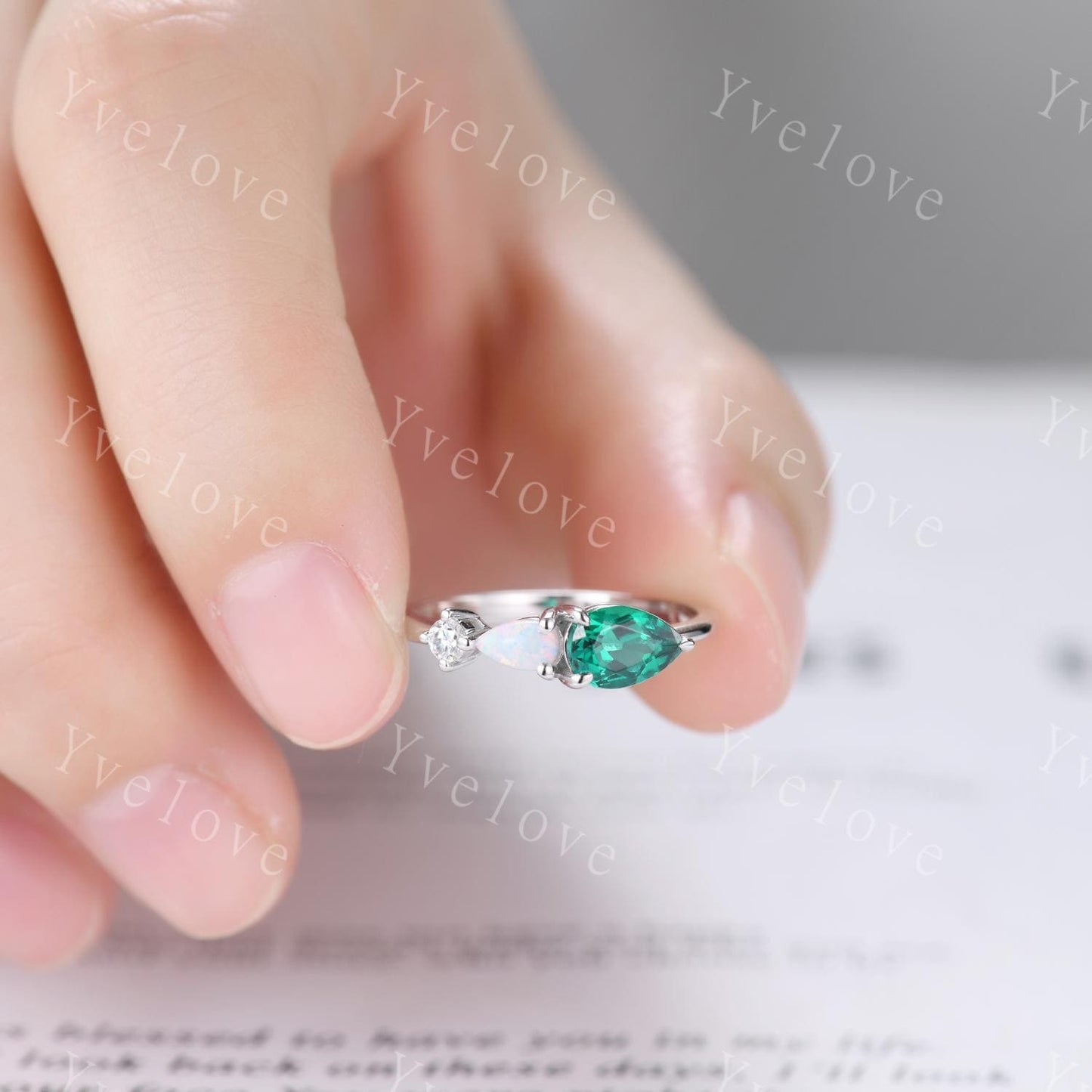 5x7mm Teardrop cut Emerald Engagement Ring,Art Deco Opal Moissanite Wedding Band,3 Stone Unique Women Bridal Promise Ring,Customized Gift