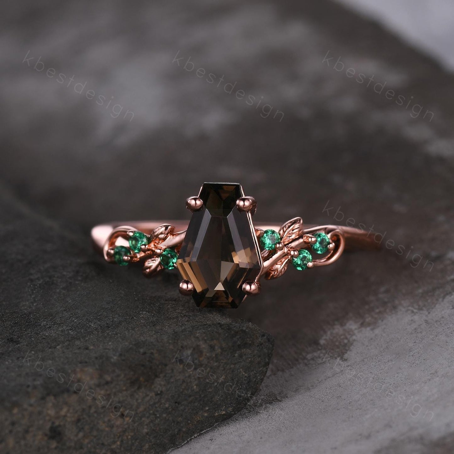 Coffin cut smoky quartz engagement ring Rose gold ring Art deco leaf design emerald wedding ring nature inspired ring bridal promise ring