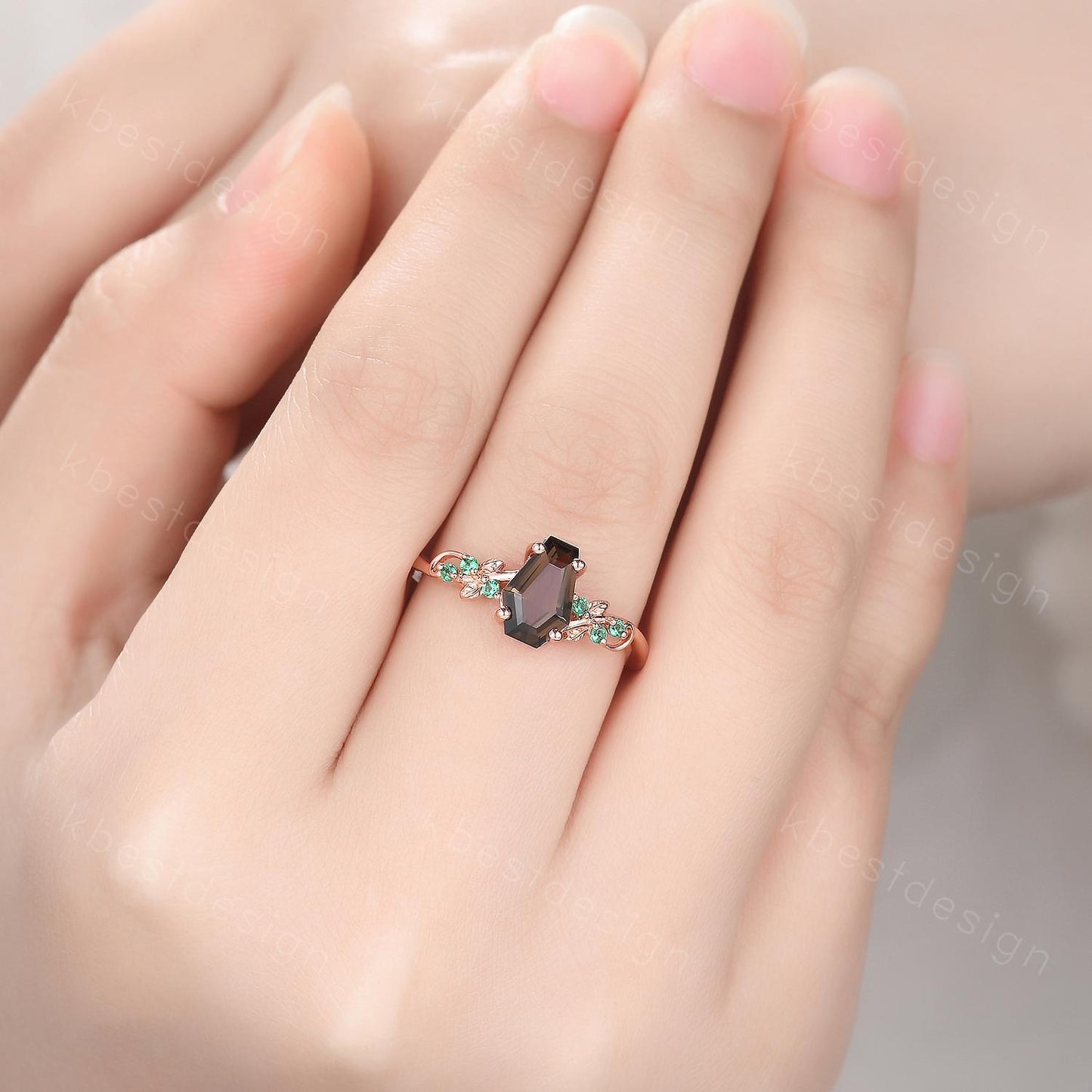 Coffin cut smoky quartz engagement ring Rose gold ring Art deco leaf design emerald wedding ring nature inspired ring bridal promise ring
