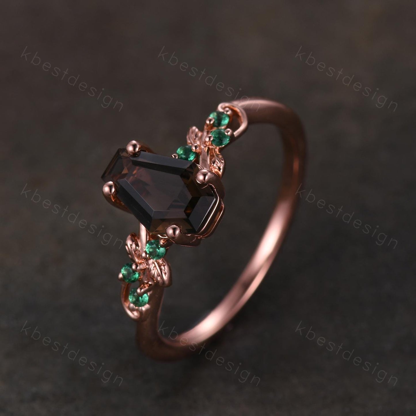 Coffin cut smoky quartz engagement ring Rose gold ring Art deco leaf design emerald wedding ring nature inspired ring bridal promise ring